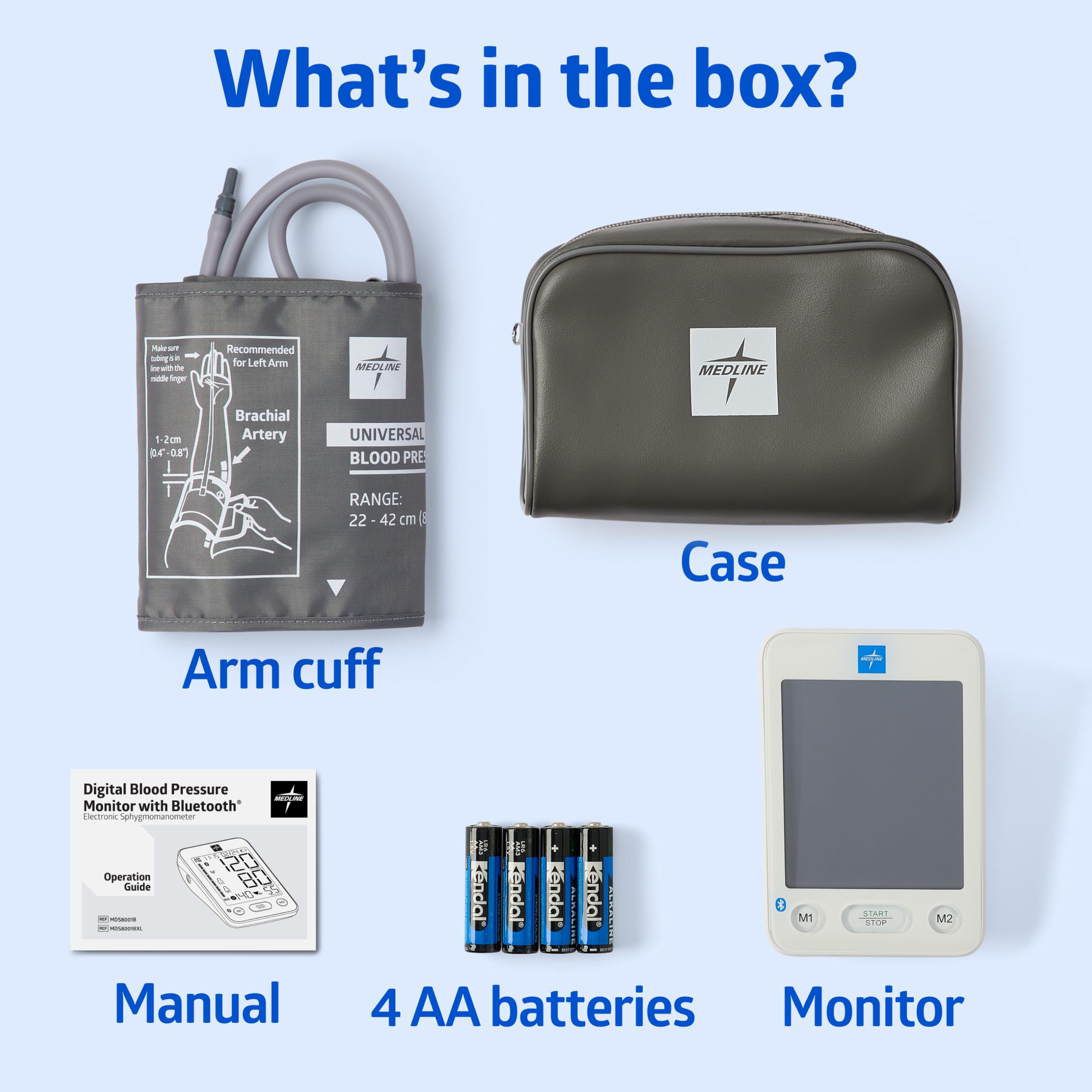 Medline Monitor ciśnienia krwi Bluetooth, uniwersalny mankiet na ramię, cyfrowy wyświetlacz LCD, integracja z aplikacją zdrowotną, przechowuje do 120 odczytów, etui i baterie w zestawie