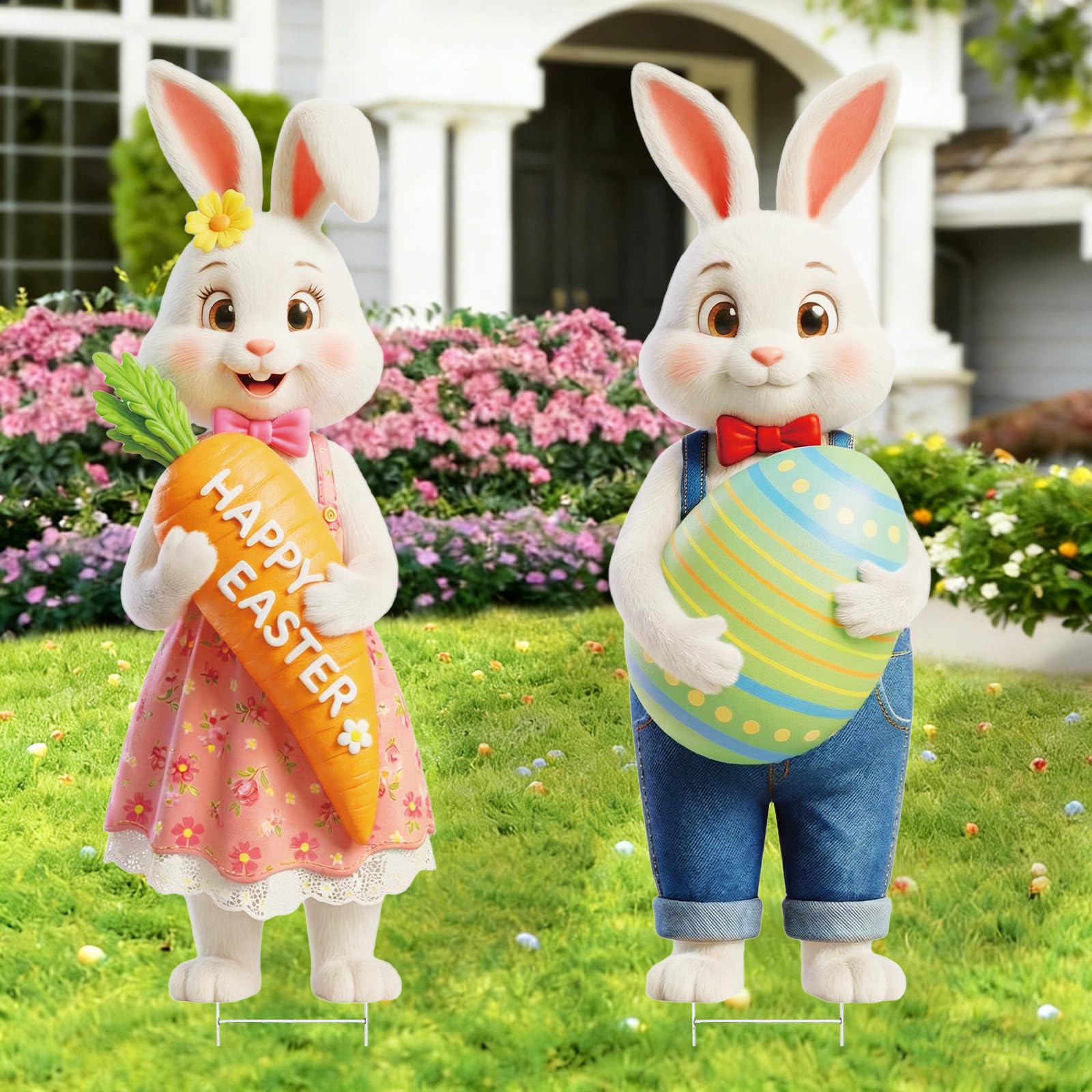 FYSUIMU 2 Pcs Easter Bunny Yard Signs with Stakes Lawn Sign Funny Rabbit Egg Carrot Plastic Garden Decoration for Spring Holiday Party Home Outdoor Patio-image-35