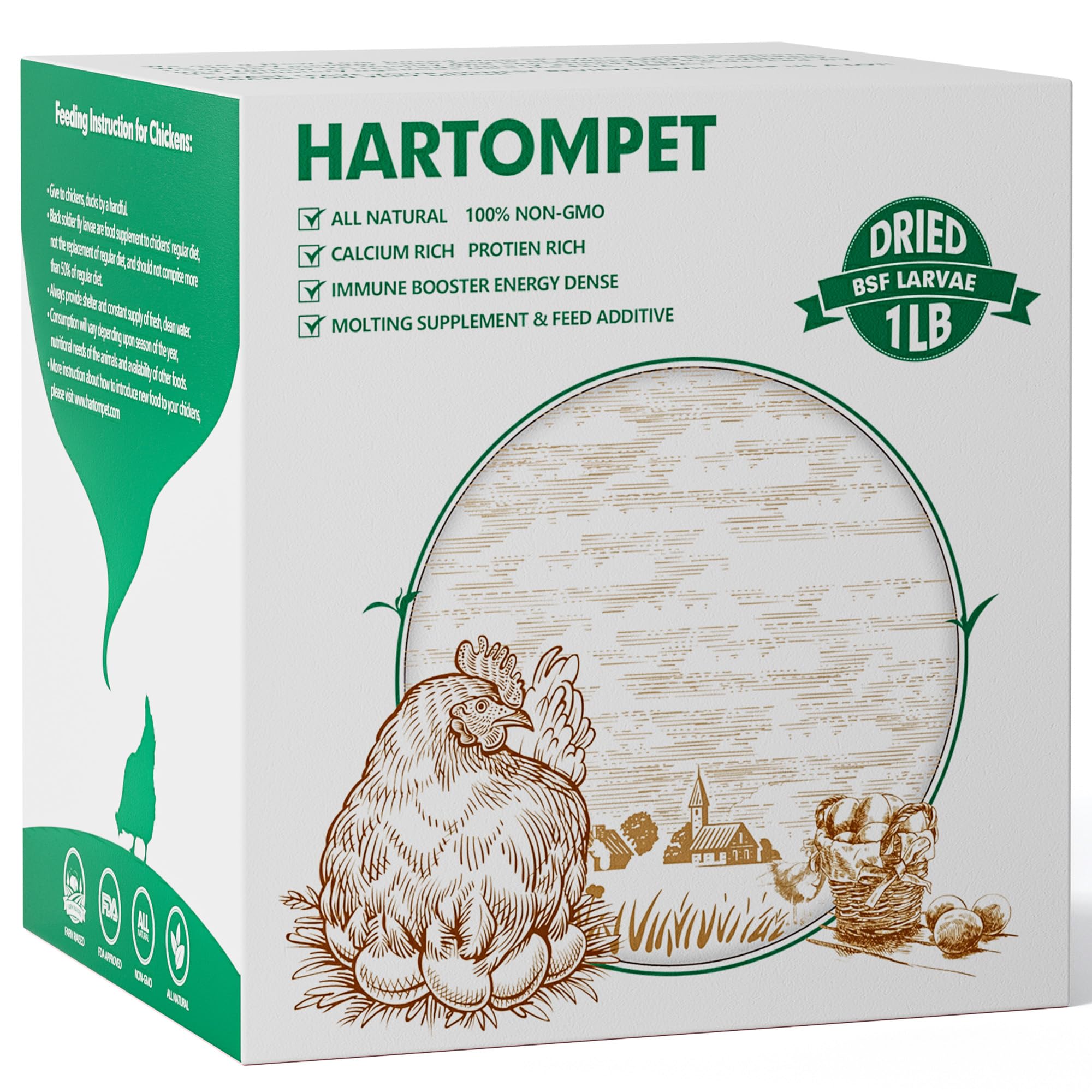 HARTOMPET Dried Black Soldier Fly Larvae for Chickens - Non-GMO Poultry Feed Supplement, 85X More Calcium Than Mealworms, 1LB BSF Worms Treat for