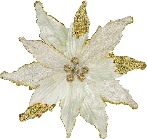 Briful Juego de 4 flores de Pascua con purpurina de 12 pulgadas, flores artificiales con tallos para árbol de Navidad, fiestas de árbol de Navidad,