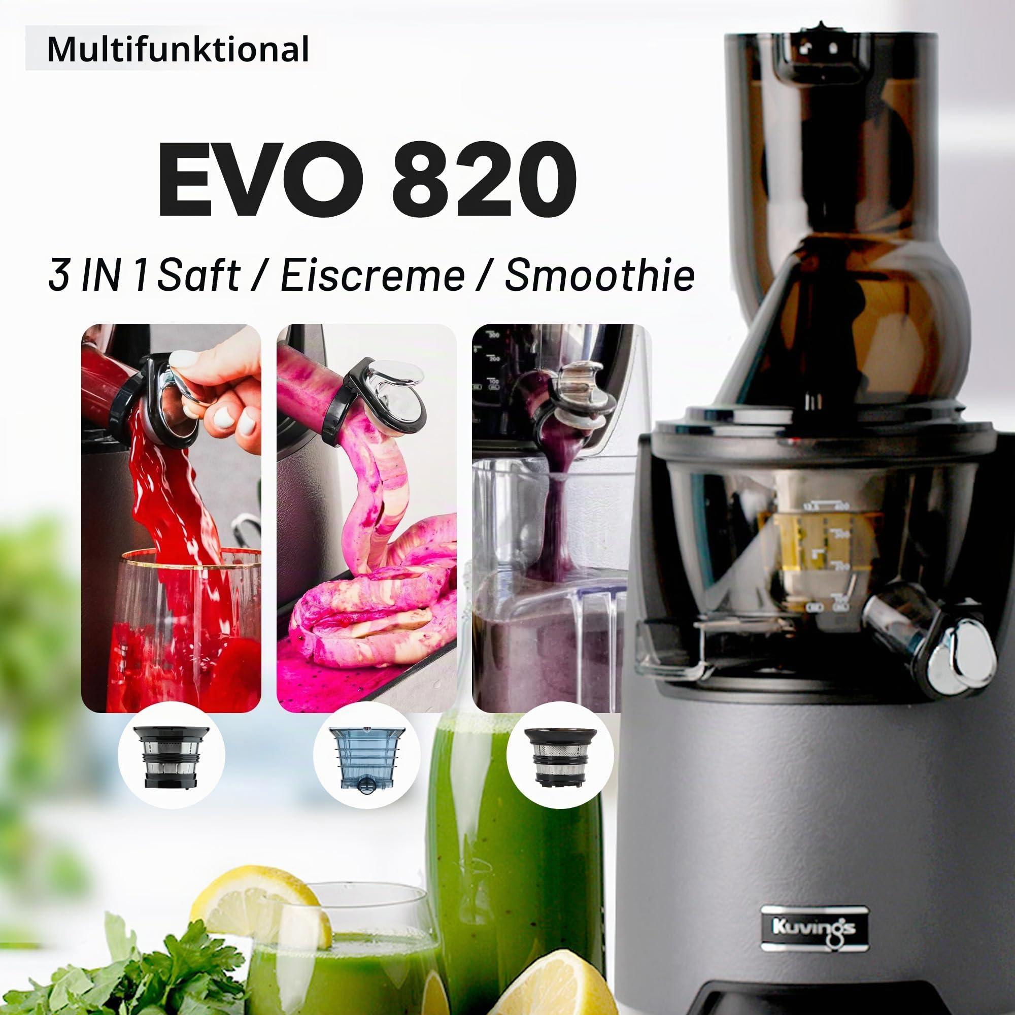Kuvings EVO820 Slow Juicer Saftpresse – Entsafter mit großem Einfüllschacht und starkem 240W Motor für gesunde Obst- und Gemüsesäfte (Gray)