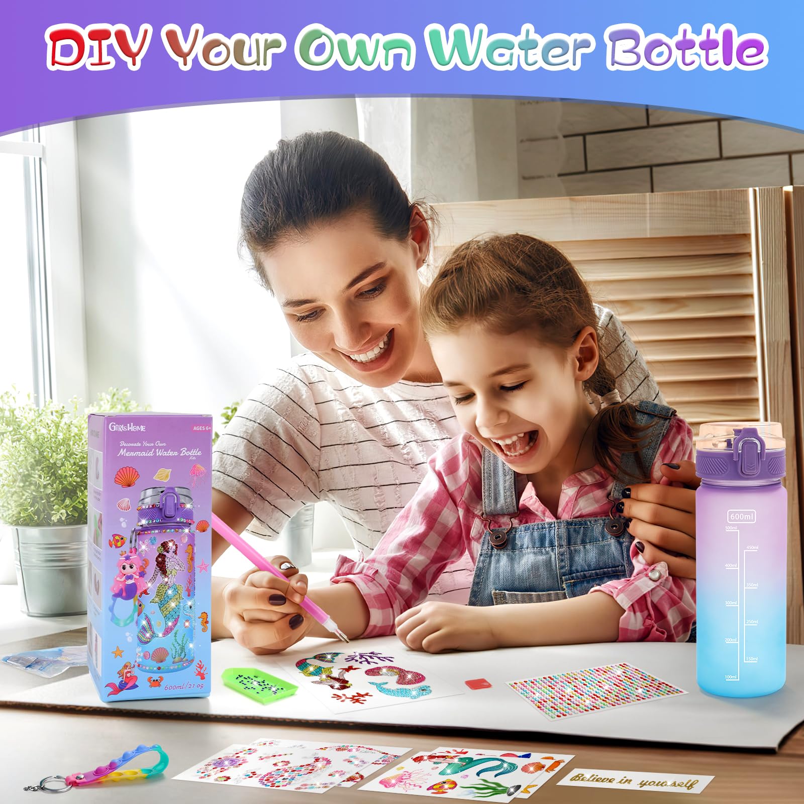 Decora tu propia botella de agua para niñas de 4 a 6 a 8 a 10 años, juguetes de sirena para niñas, manualidades de pintura, divertidos kits de artes y manualidades, regalos de cumpleaños y Navidad 3