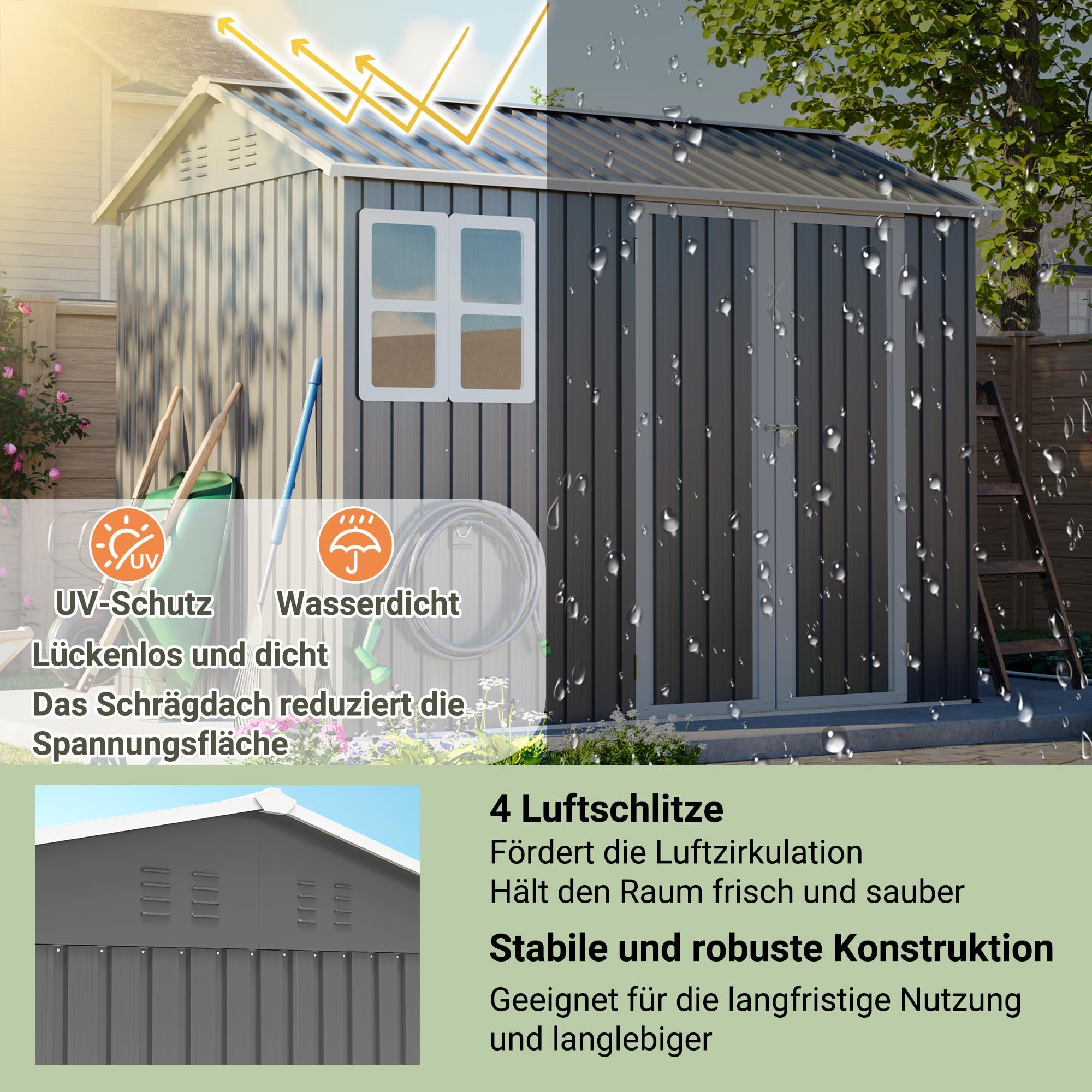 Thanaddo 8×6ft Gerätehaus Metall Groß Geräteschuppen 250x180x200cm mit Fundamentrahmen, Wetterfest Gartenhaus mit Fenster & Abschließbarer Tür, Gartenschuppen für Outdoor Garten Hinterhof, Grau