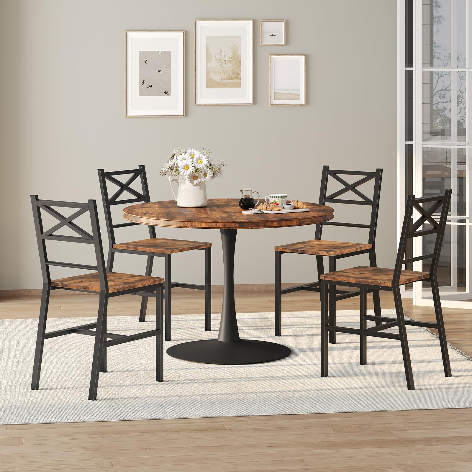 Juego de 2 sillas de comedor de madera rústica con respaldo, sillas de comedor de granja para cocina, silla de estilo industrial con marco de metal, fácil montaje, marrón rústico TBHR1001 4