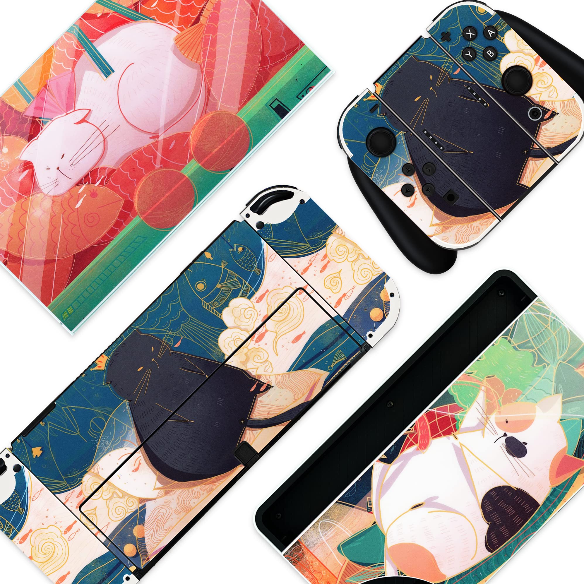 BelugaDesign Fat Cat Switch Skin | Aesthetic Pastel Cat Sticker Wrap Vinyl Decal | Cute Kawaii Cutecore Animal Leaves Cartoon Full Set Compatible with