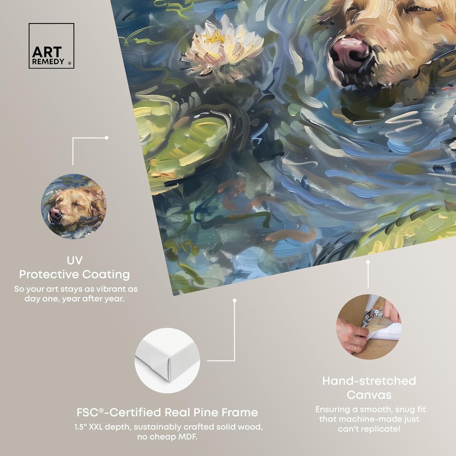 Monet Water Lilies Dog Rustic Chic Farmhouse Canvas Wall Art by Art Remedy, Gallery Wrapped, 20"x16"