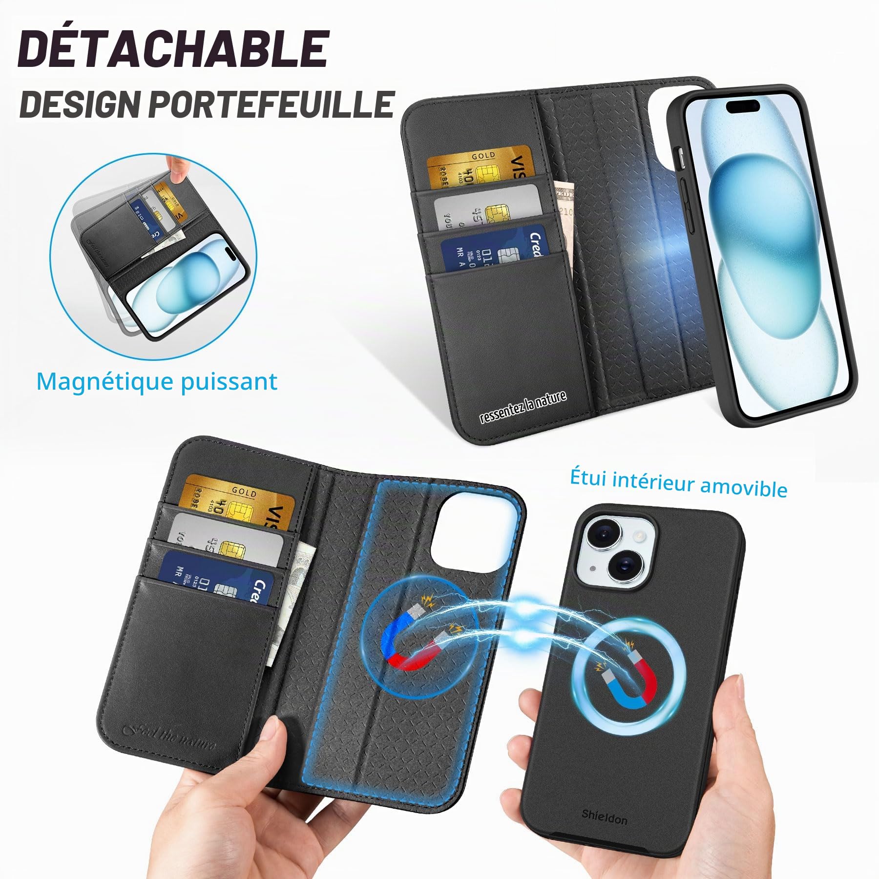 Shieldon Étui Portefeuille en Cuir Véritable pour iPhone 15 6.1", Noir
