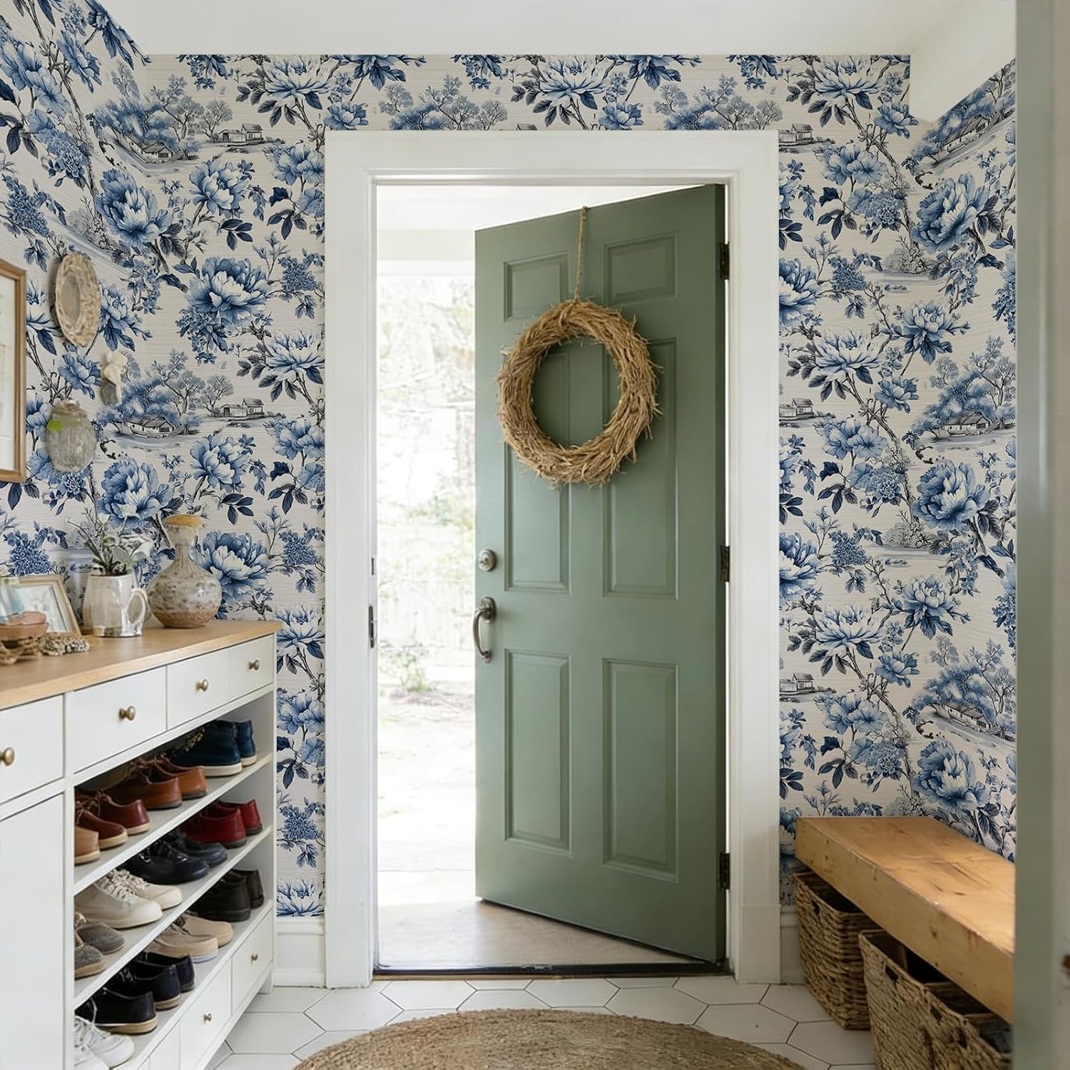 Watercolor Classic Oriental Blue White Floral Peel and Stick Wallpaper Self Adhesive 17.72" X 236.2'' Peony River Village Wall Paper Renter Friendly Removable Waterproof for Living Room Bedroom