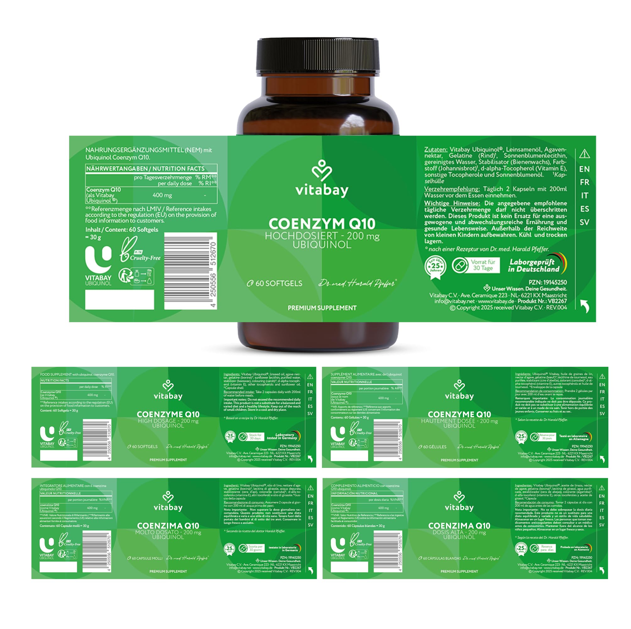 Vitabay Coenzym Q10 Ubiquinol 200 mg – 60 Kapseln – hochdosiert – natürliches Q10 in aktiver Form (Ubiquinol) aus pflanzlicher Fermentation gewonnen – Laborgeprüft in Deutschland