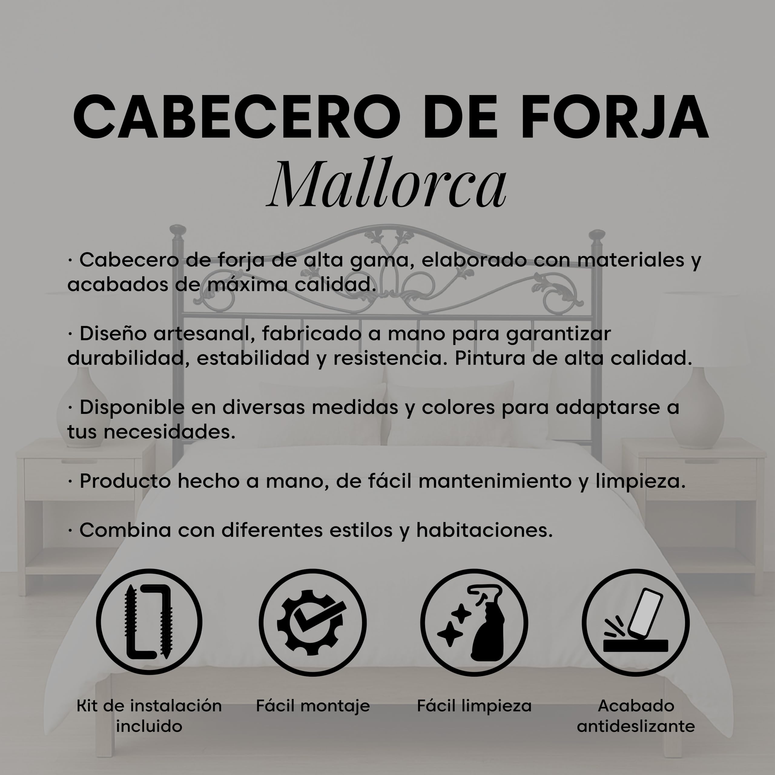 Cabecero Forja Mallorca, Cabezal para Cama, Cabecero, Cama Matrimonio e Individual, Cama De Hierro, Cabezal Forja, Cabecero Juvenil, Hecho En España (Negro, 135 cm)