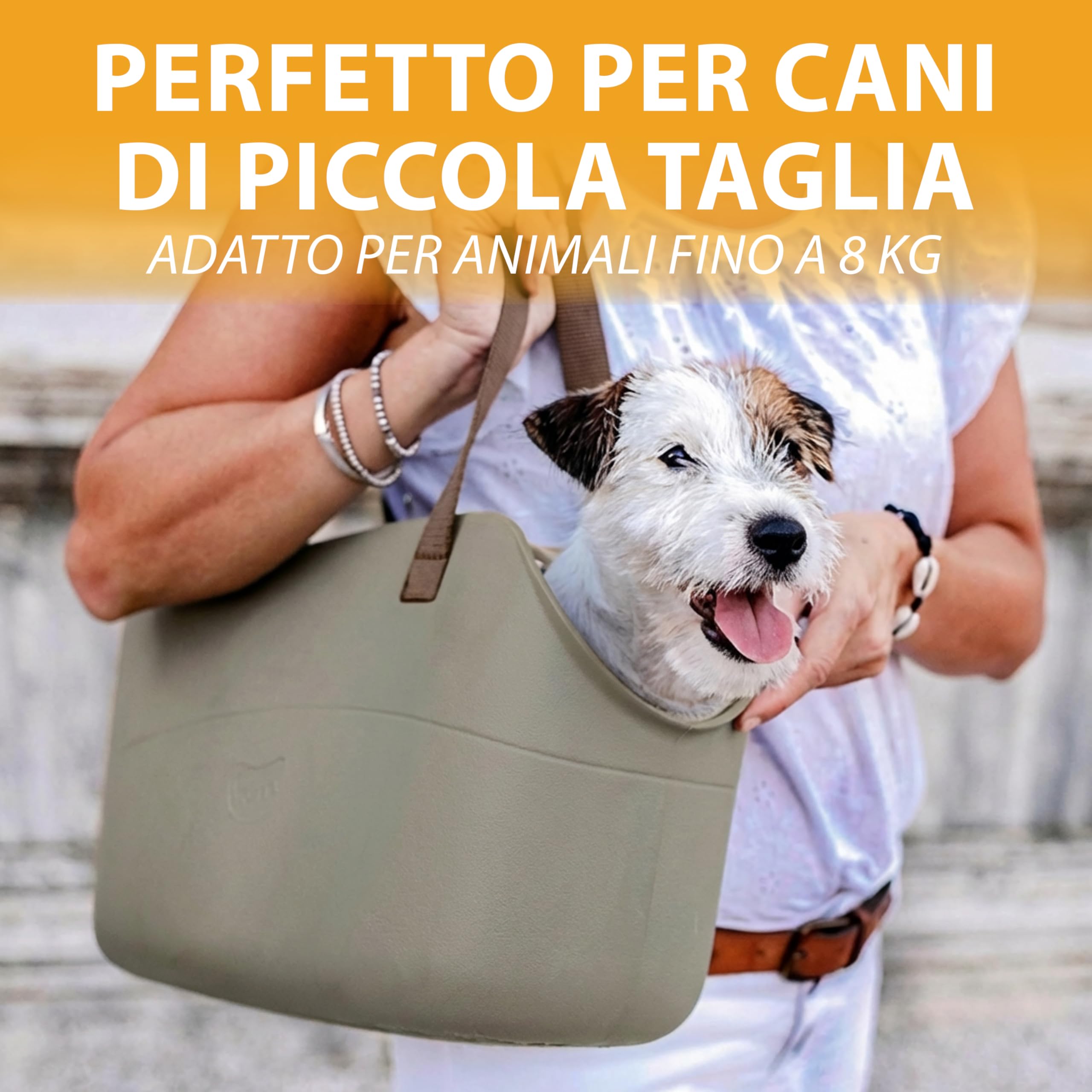 Ferplast Borsa per Cani fino a 8 Kg. Trasportino Gatti in Plastica Gommata, Impermeabile e Lavabile, Manici Regolabili, Cinghia di sicurezza, 43,5 x 21,5 x h 27 cm. Tortora