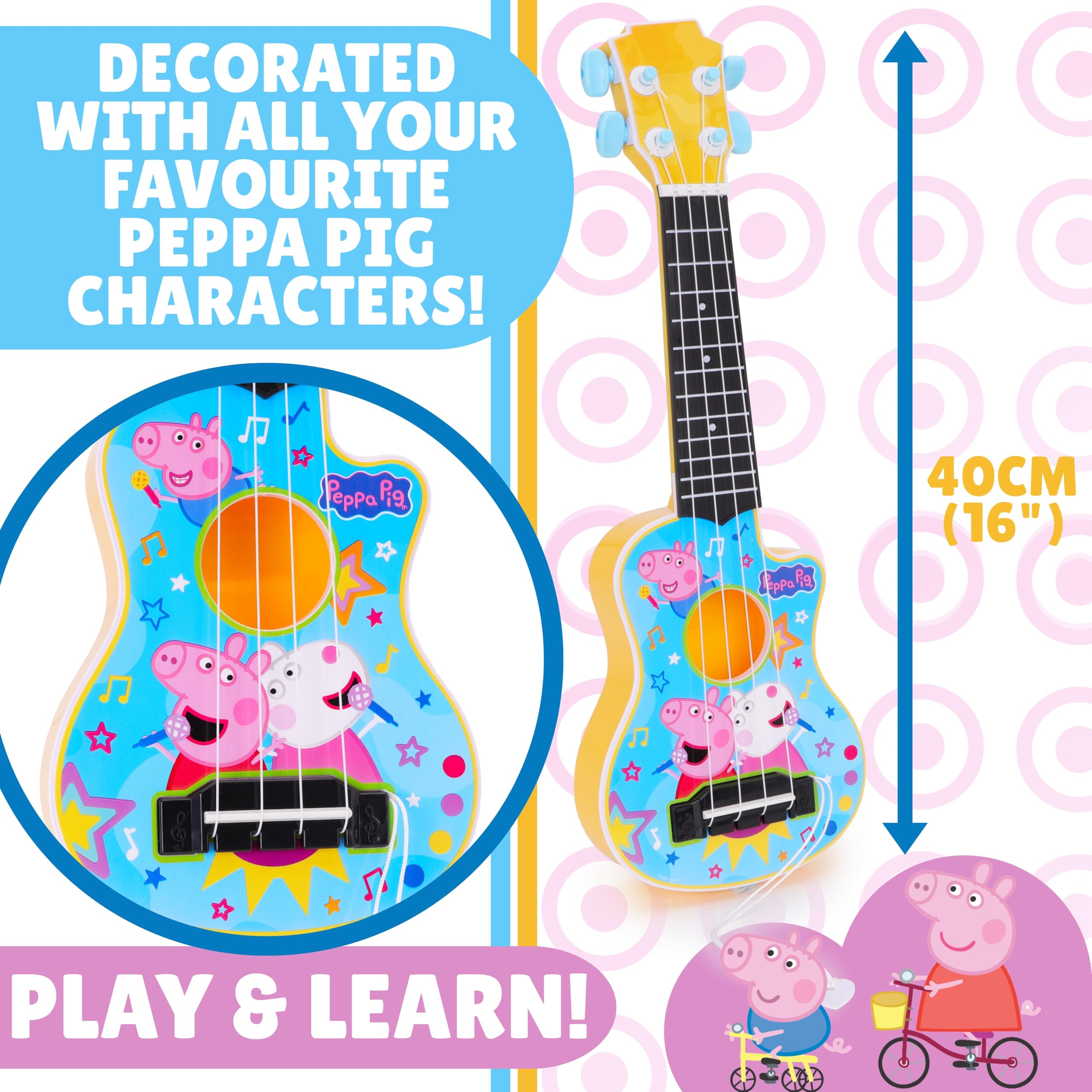 Toyland® 40 cm (16") Peppa Pig La mia prima chitarra con plettro incorporato - Strumento musicale da accordare e suonare - Divertente giocattolo musicale per bambini - Età 3+