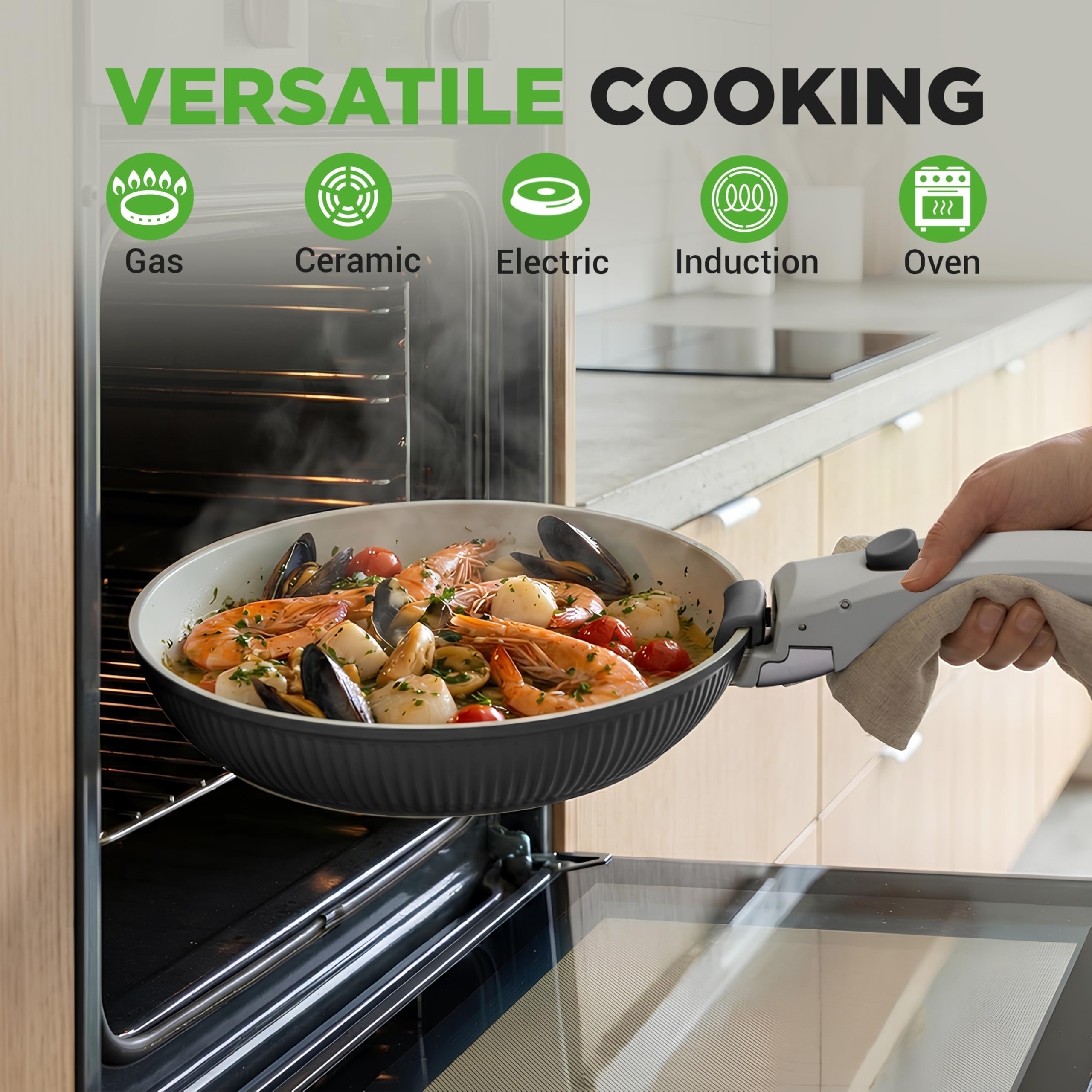 NutriChef Zestaw Naczyń Ceramicznych 18 Sztuk z Odczepianymi Rączkami, Patelnia i Garnki z Powłoką Nieprzywierającą, Powłoka Ceramiczna Bez PTFE, Oszczędność Miejsca, Do Pieca