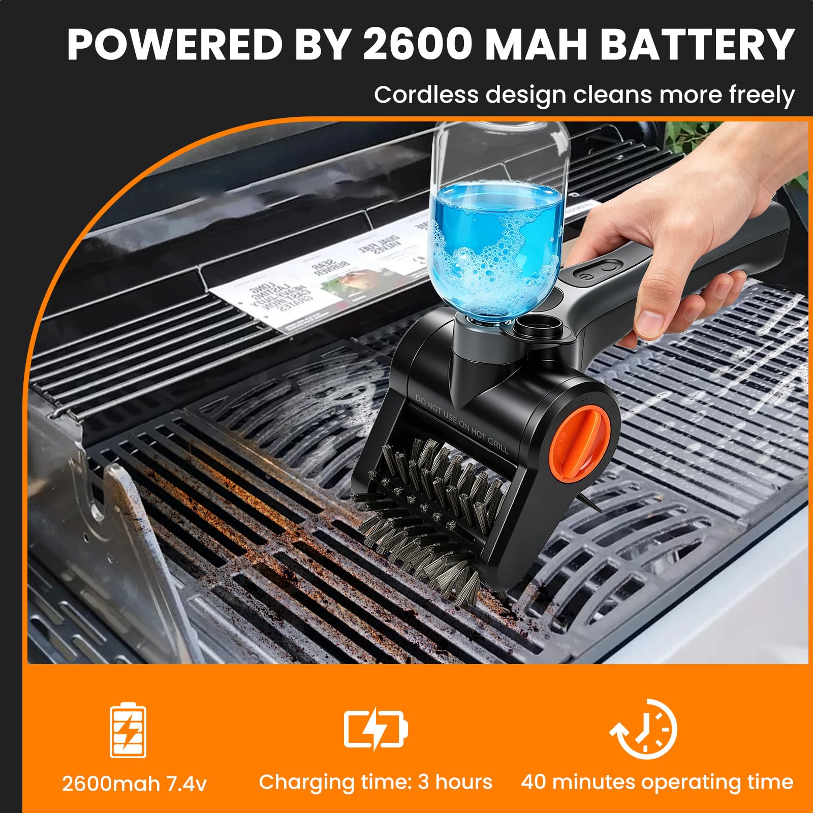 Roadtime Spazzola elettrica senza fili, spazzola per la pulizia del barbecue, 300 ml, contenitore liquido con batteria da 2600 mAh e testina in acciaio inox a 360°, spazzola per la pulizia con