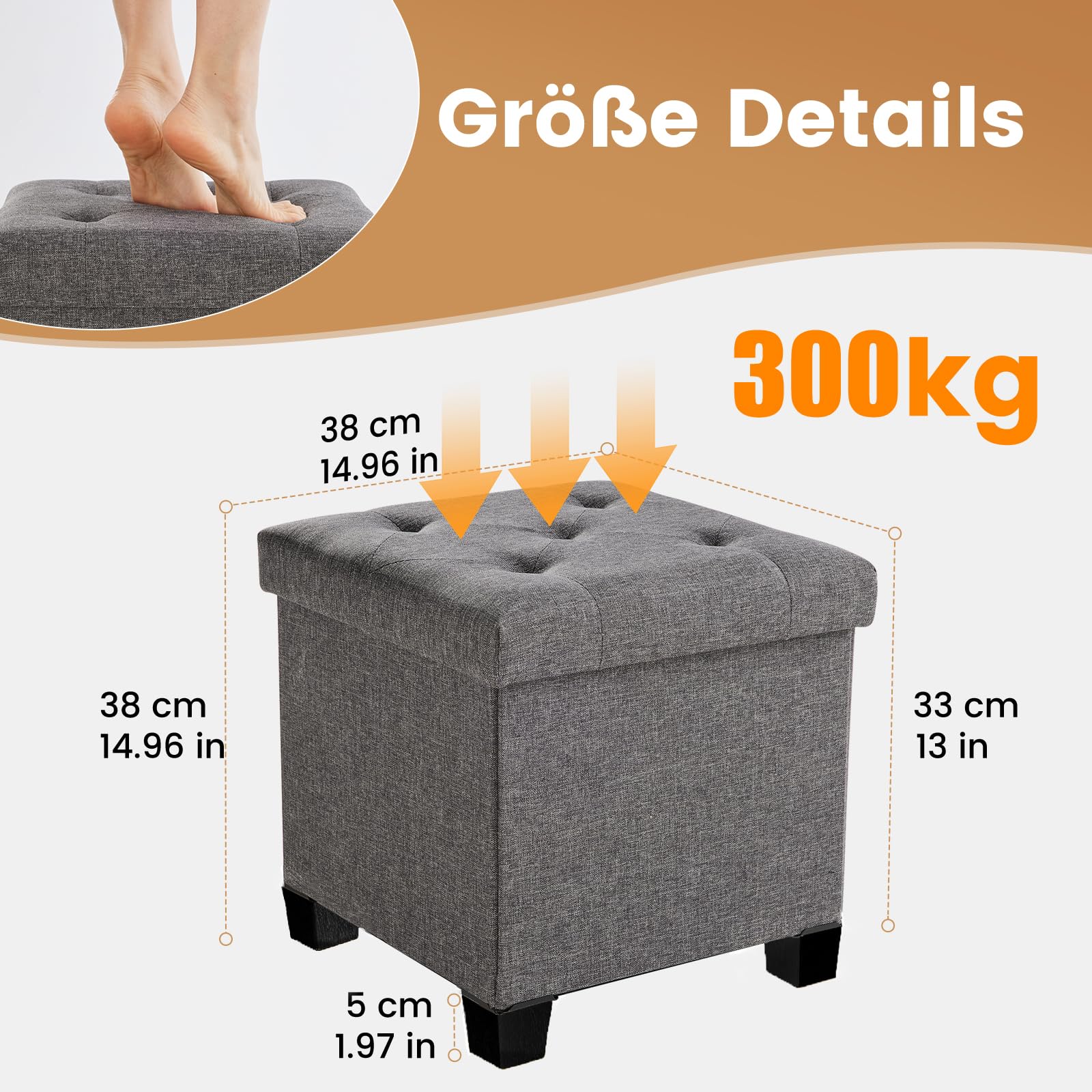 Sweetcrispy Sitzhocker mit Stauraum, 38 x 38 x 38 cm, Kleine Klappbare Sitzbank, Aufbewahrungsbox mit Deckel als Hocker & Fußbank, bis 300 kg belastbar, für Flur Wohnzimmer Schlafzimmer, Dunkelgrau
