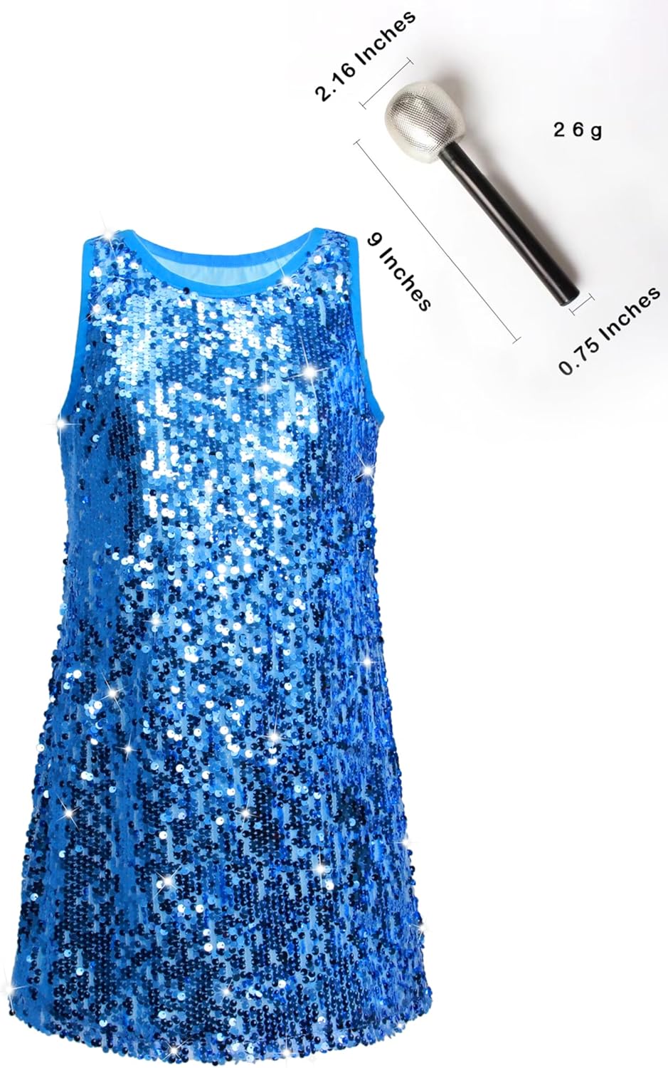 Girls Sequin Dress Sparkly Sleeveless Costume Prom Concert Party Outfit with Glitter Microphone Prop - Image 3