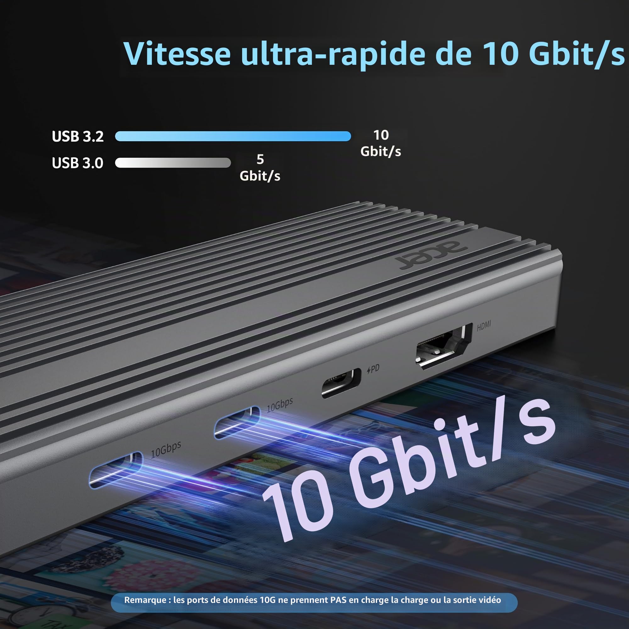 acer Hub USB C 11 en 1, Station d'accueil avec HDMI 4K@60Hz, VGA 1080P | USB C Docking Station avec 2 Ports USB-C 10Gbps, 2 Ports USB-A 5Gbps, Port PD 100W, Ethernet 1Gbps, Carte SD/TF, pour PC