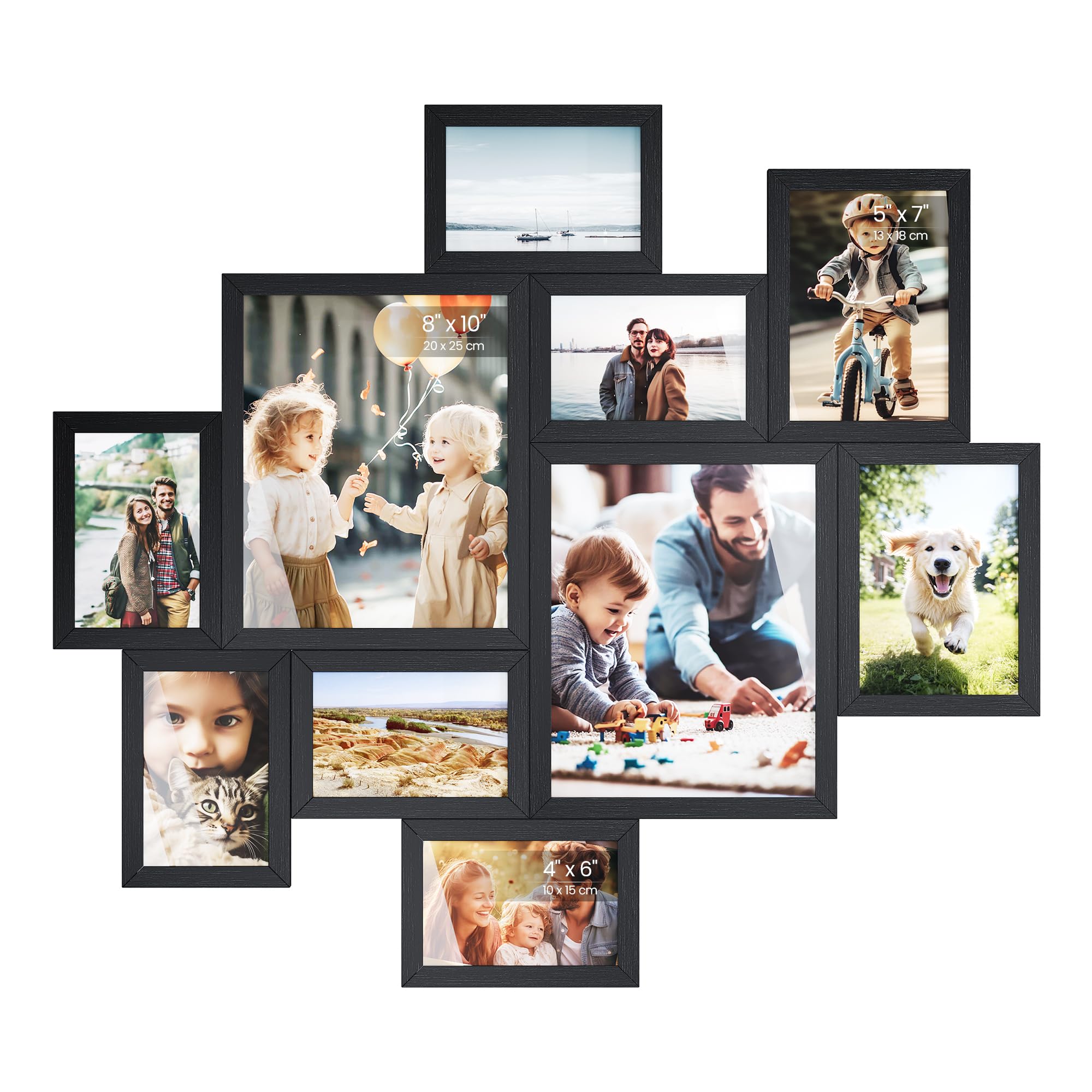 SONGMICS Set di 10 Cornici per Foto in PVC, Portafoto Multiplo da Parete Collage a Incastro, Due da 20 x 25 cm, Quattro da 13 x 18 cm, Quattro da 10 x 15 cm, Nero, Collezione Kavi RPF100BZ01