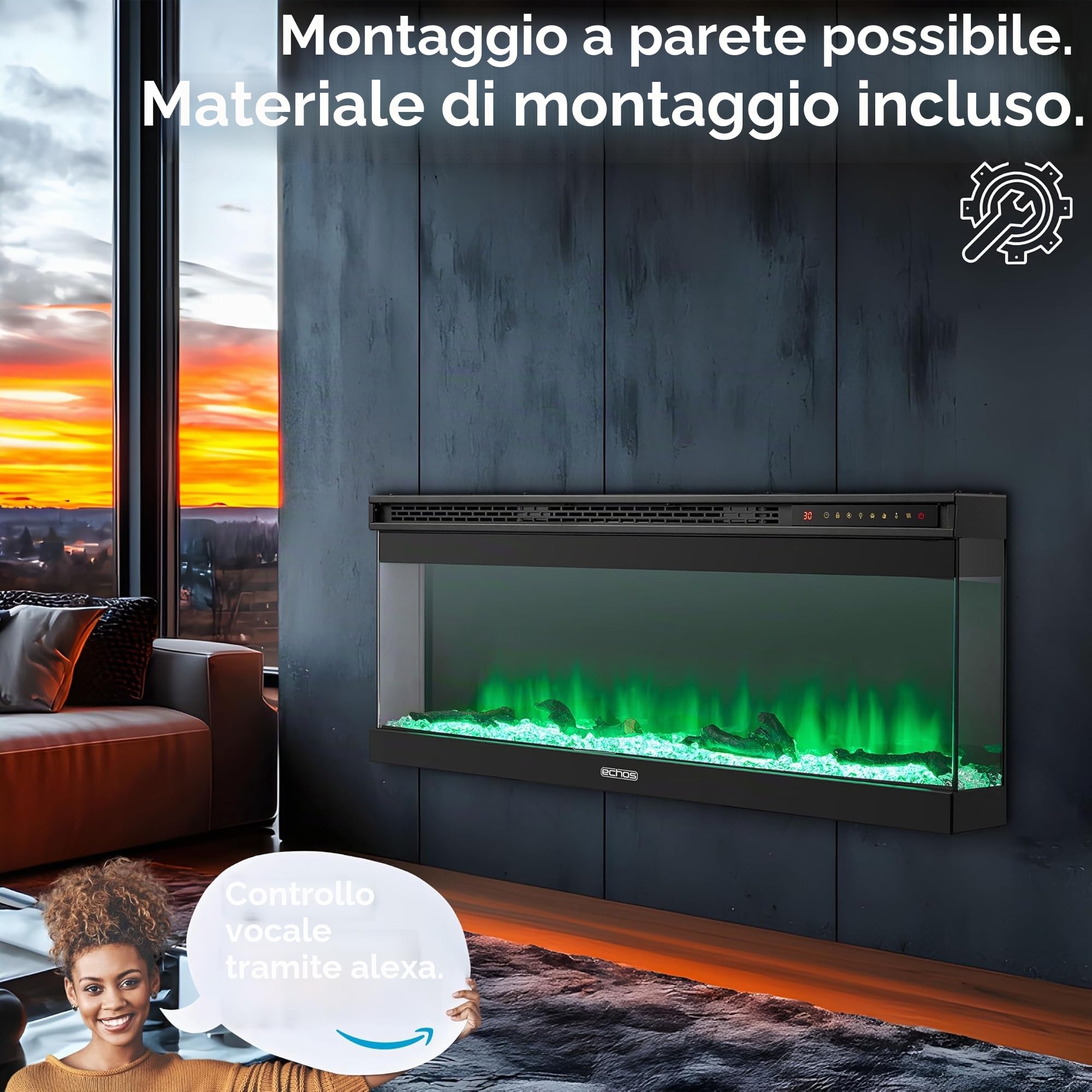 Camino elettrico con riscaldamento, termoventilatore a risparmio energetico, 1500 W, effetto fiamma
