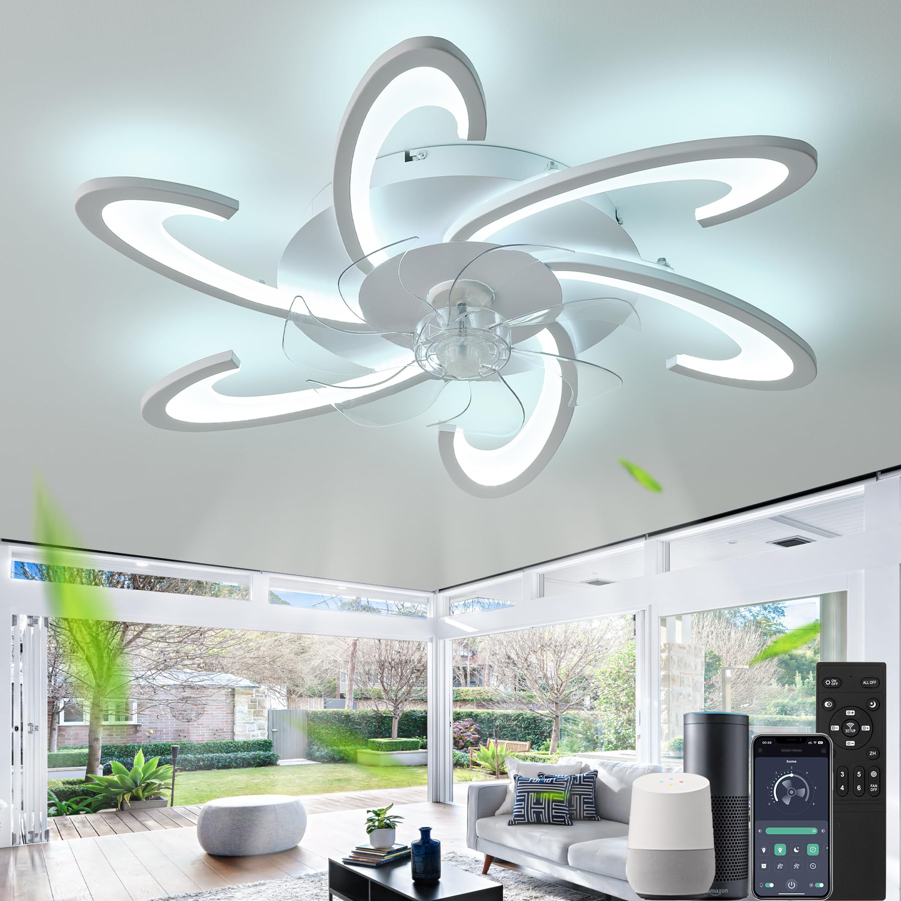 Cucummn Silent LED Ceiling Fan Light, Dimmable Compatible Alexa Light Fan Ceiling Lamp 6 Speed Remote Control APP Timer Ceiling Fans with Lights for Children's Room Living Room Bedroom Kitchen White