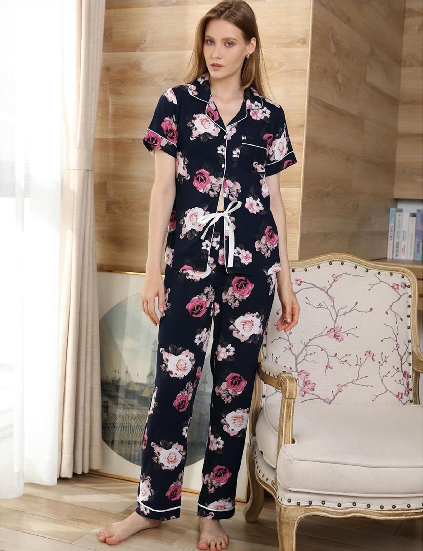 Femmes Manches Courtes Pyjamas Set Lapel Sleepwear Button Down Nightwear avec Pantalon Long Loungewear