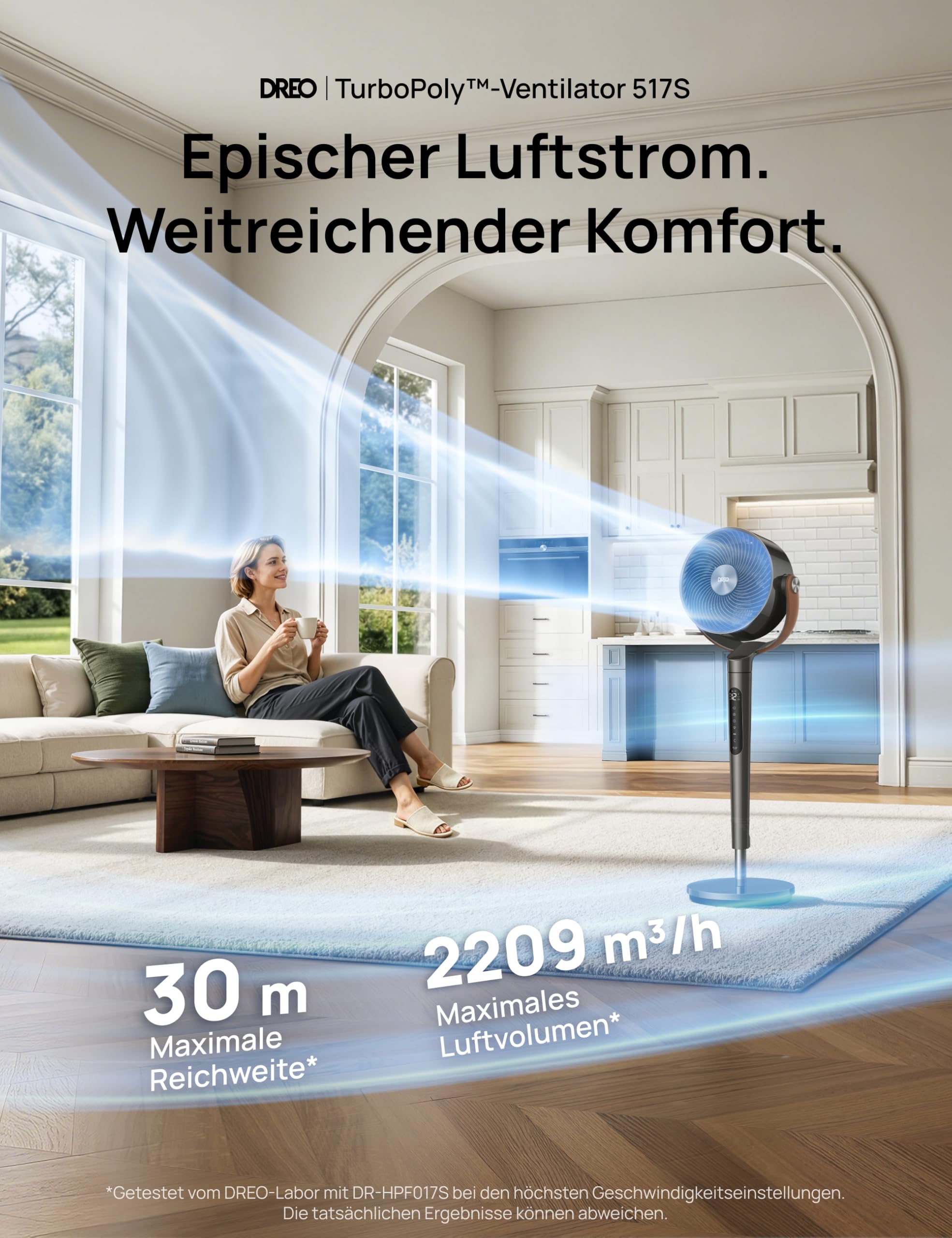 DREO PolyFan 513S 25 dB leiser Smart Standventilator, 110 cm Höhe, 6 Modi 8 Geschwindigkeiten, 120°+105° Oszillation, Fernbedienung Sprachsteuerung