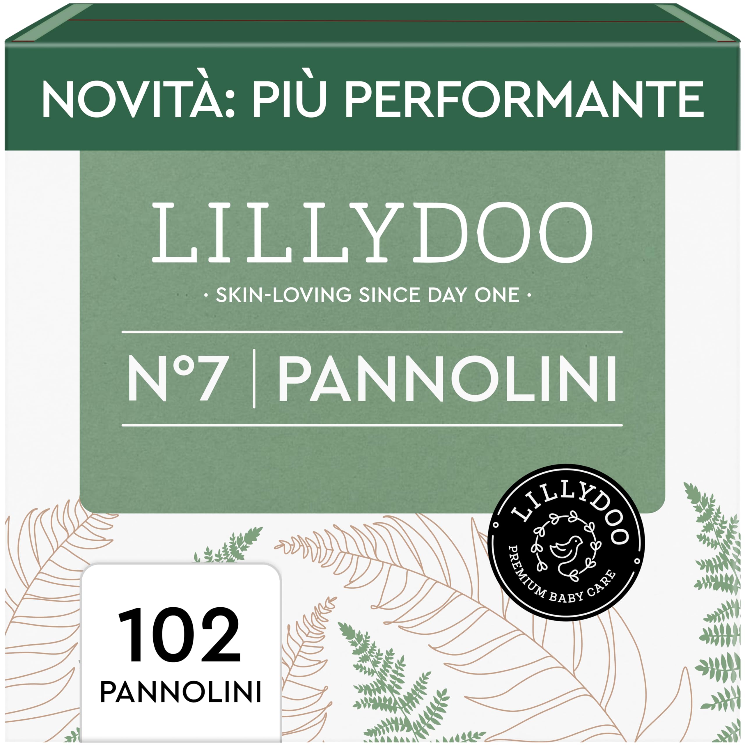 Pannolini LILLYDOO green – taglia 7 (15+ kg), pacco scorta (102 unità), protezione contro le fuoriuscite, senza cloro, 0% profumi e lozioni, per pelli sensibili, dermatologicamente testati
