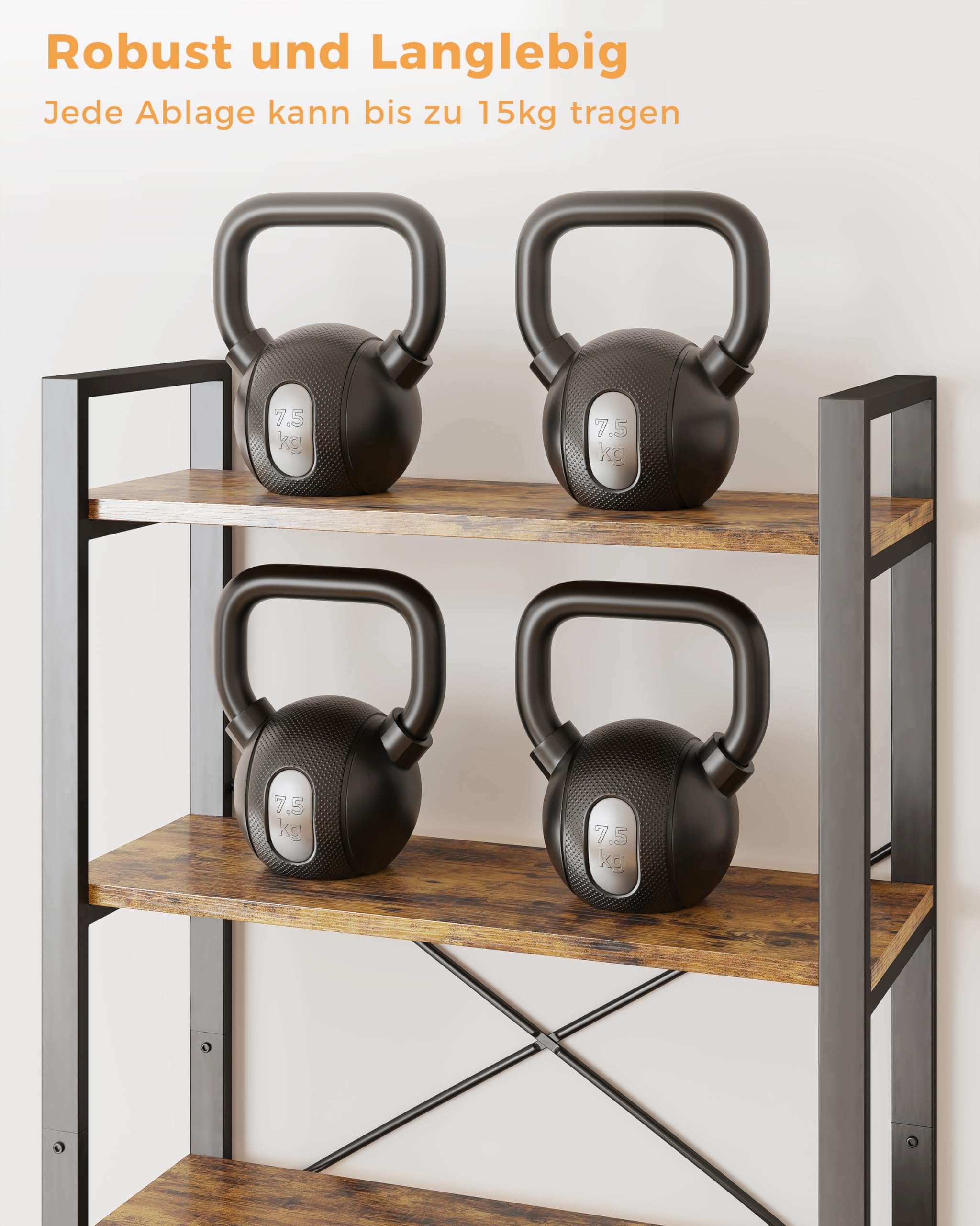 IRONCK 2M Bücherregal, Standregal mit 6 Ebenen, Regal Holz mit Metallrahmen, Büroregal Industriel, offene Ablagen, Bookshelf für Büro, Wohnzimmer, Schlafzimmer, Küche (Vintagebraun Schwarz)