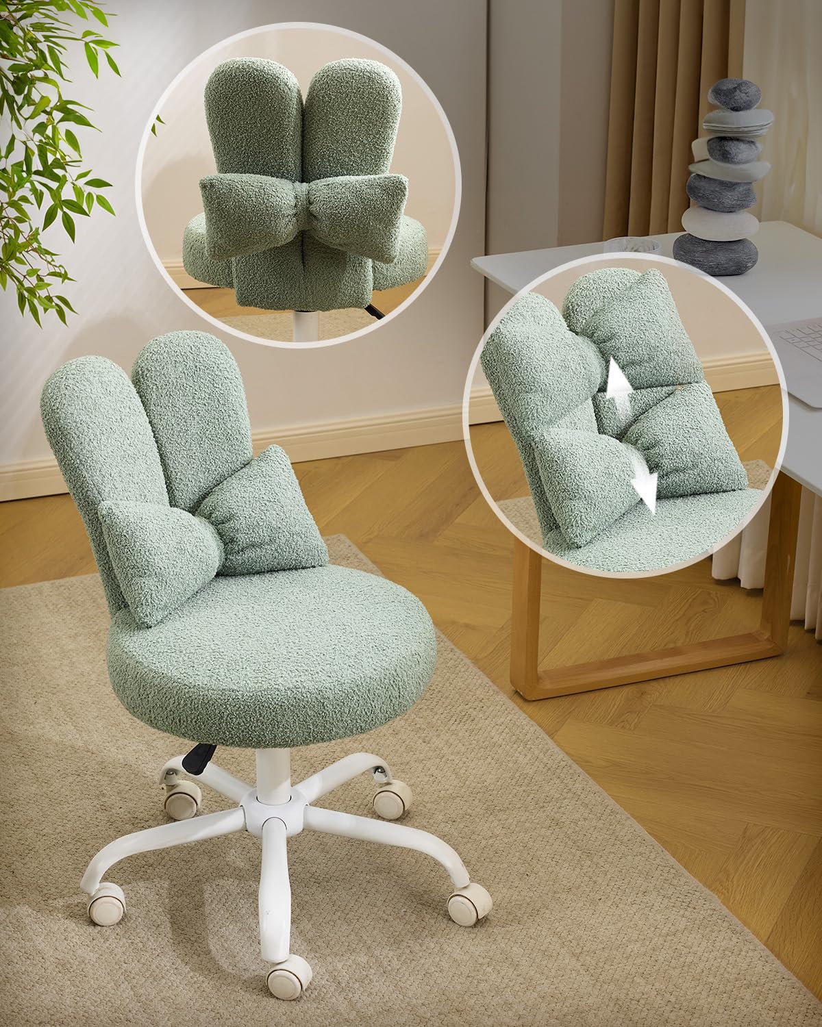 Karl home Office Chairs, Vanity Chair with Wheels, Playful Rabbit Ear Backrest, Cozy Teddy Fabric, Versatile Bow Pillow, Thickened Cushion, Rounded Corners and SGS Tested Components (Green)