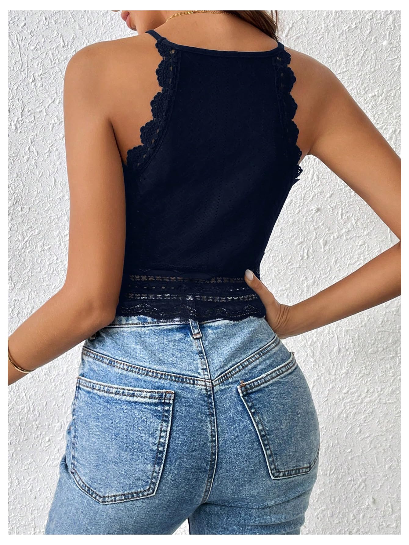 SweatyRocks Women's Floral Lace Slim Fit Crop Halter Top Sleeveless Cami Tank Tops