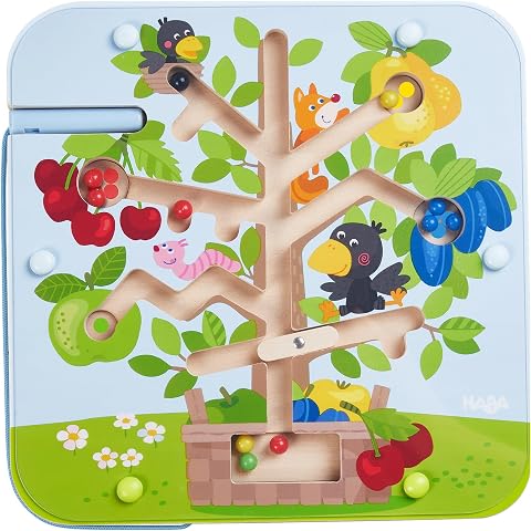 HABA Magnetspiel Obstgarten – Labyrinth mit Magnetstift aus Holz | Geschicklichkeits- & Lernspiel ab 2 Jahren fördert Feinmotorik, Zählen & Farbzuordnung mit bunten Holzkugeln