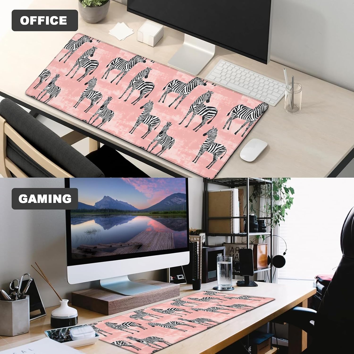 Zebra Gaming Mouse Pad,12x31.5in Non-Slip Rubber Stylish Safari Desk Mat,Large Extended White Zebras Pink Mousepad for Office Home Laptop,Mice Pads Gifts,Game Lover Deskmat Decor