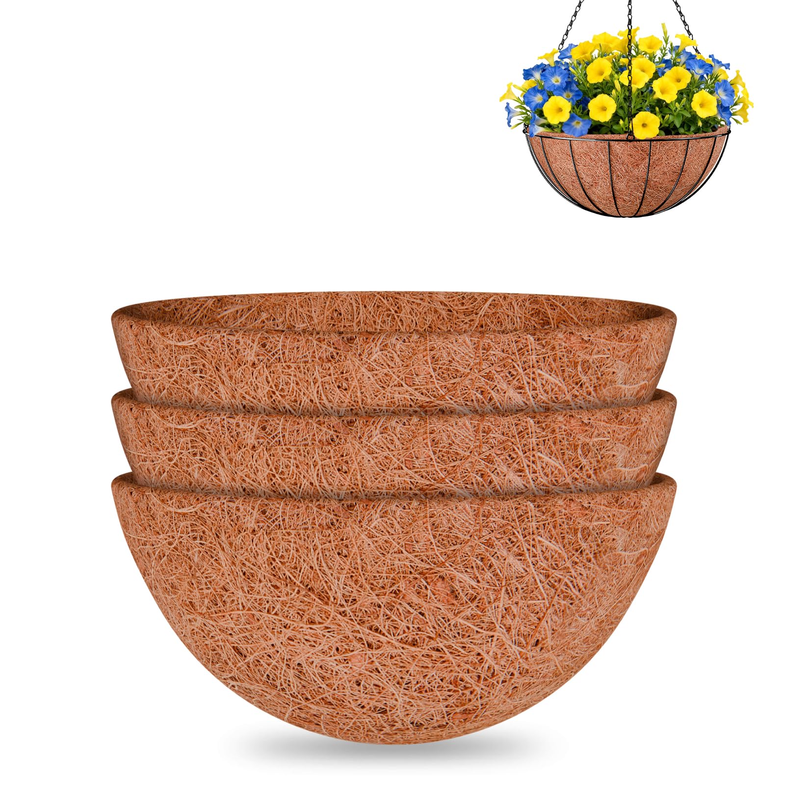 Halatool 3PCS 14 Inch Coco Liner Round Coco Coir Hanging Basket Liners 100% Natural Coconut Liners for Planters Coconut Basket Liners for Flowers Vegetables Indoor Outdoor Plants
