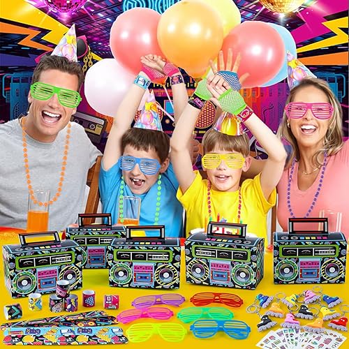 Miniatura 7 de Winrayk 84 piezas de regalos de fiesta de los años 80 y 90, suministros de cumpleaños, gafas de obturador, caja de regalo, guante, collar, lazo para