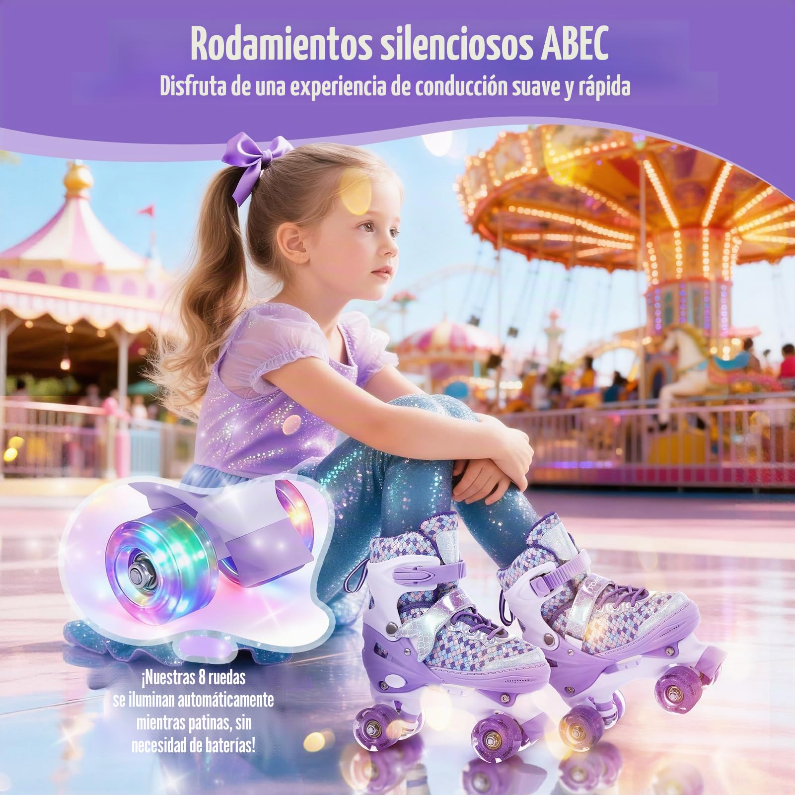 TOMSHOO Patines 4 Ruedas Niña Niño, Patines Niña Tallas Ajustables, Patines en Paralelo con LED Iluminación, Confortables et Respirants para Niñas y Niños Principiantes
