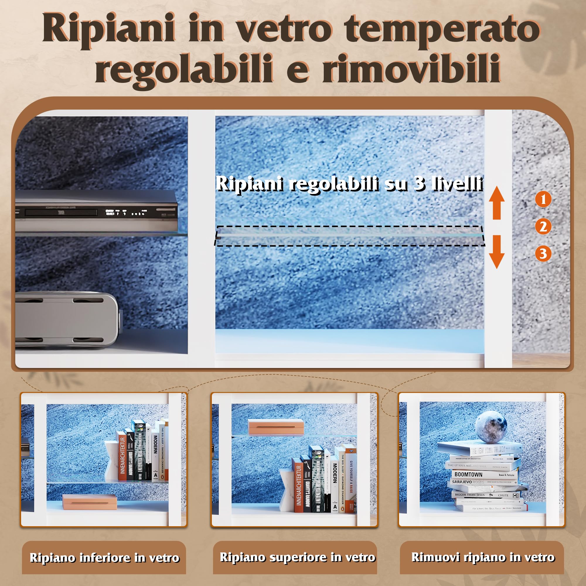 WLIVE Mobile TV LED 166 cm, Lowboard Bianco con Illuminazione a 22 Modalità e Scomparti Aperti, Porta TV per Televisori fino a 75 Pollici, Mobiletto con Ripiani in Vetro Regolabili per Soggiorno