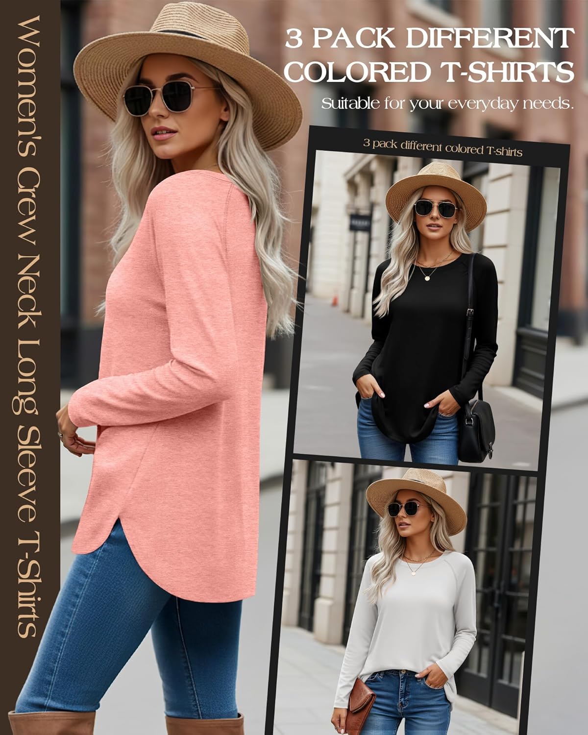 Ficerd 3 Pack Women's Long Sleeve T-Shirts Crew Neck Raglan Sleeve Casual Loose Fit Shirts Side Split Curved Hem Tunic Tops - Image 3