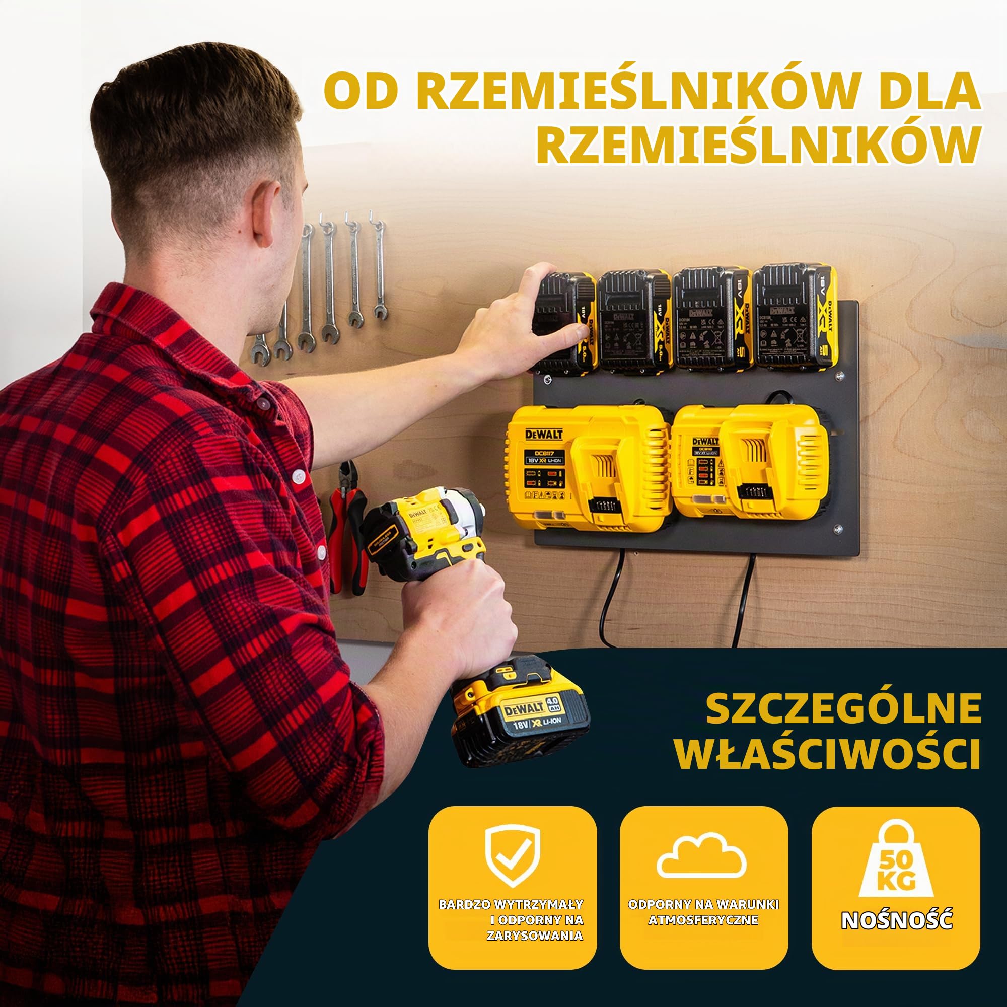 Wandfest Uchwyt ścienny do akumulatorów i ładowarek DeWalt | w zestawie materiał mocujący [Made in Austria] uchwyt na akumulator na 1-4 akumulatory | teraz więcej porządku w warsztacie i garażu