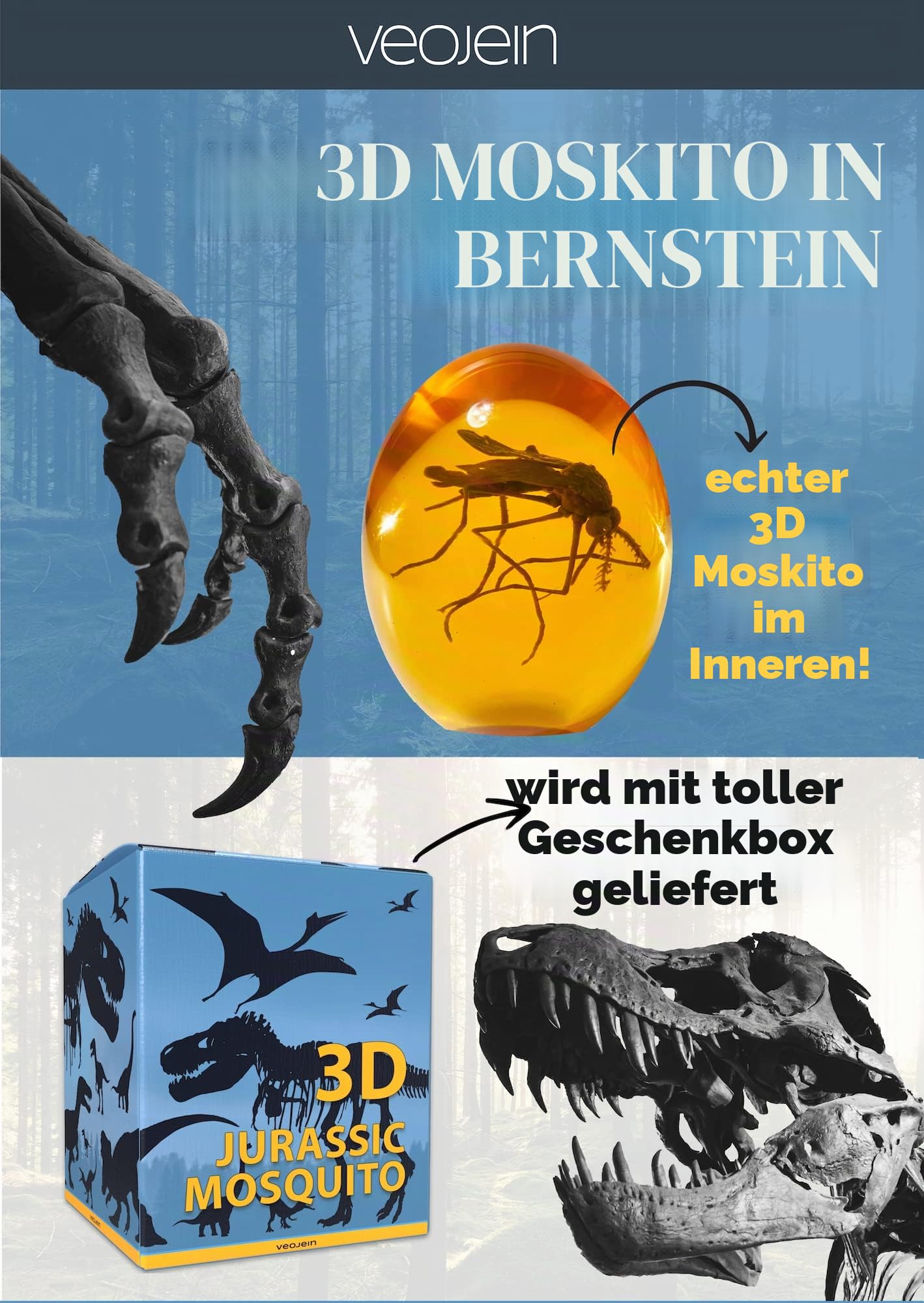 VEOJEIN Jurassic Mosquito in Bernsteinharz | echte 3D-Form | realistische Flache Unterseite geformt | Dinosaurier DNA Replik prähistorische Welt | Sammelrequisite | Rohrhalterung | Papiergewicht