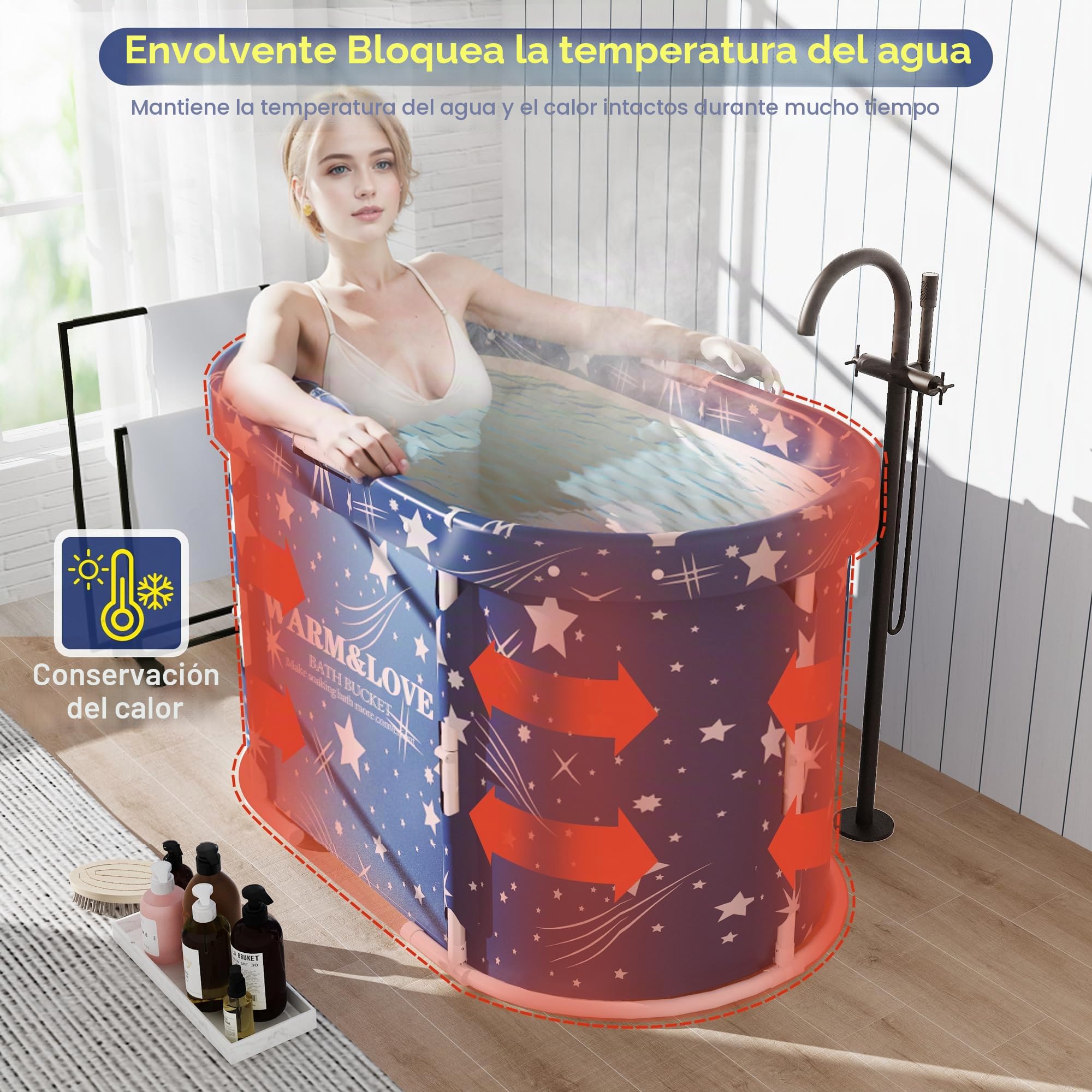 Bañera plegable para ducha, bañeras independiente para baño caliente, bañera de hielo portátil para adultos (azul estrella, ovalada, mediana)