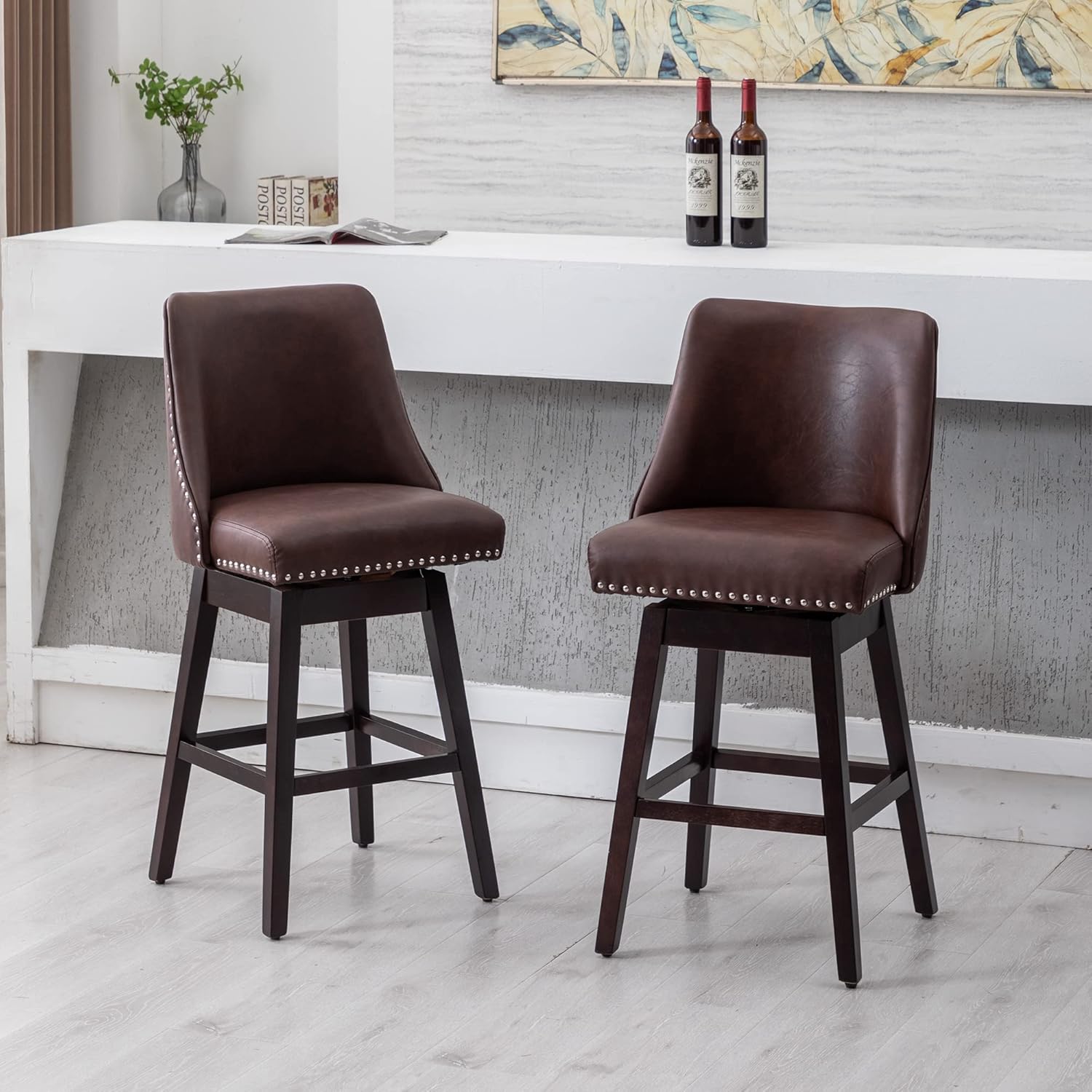 Chairus Set of 2 Mid-Century Modern 27 inch Swivel Bar Stools with Wood Legs, Faux Leather Upholstered, for Home Bar/Kitchen Island/Restaurant, Chocolate