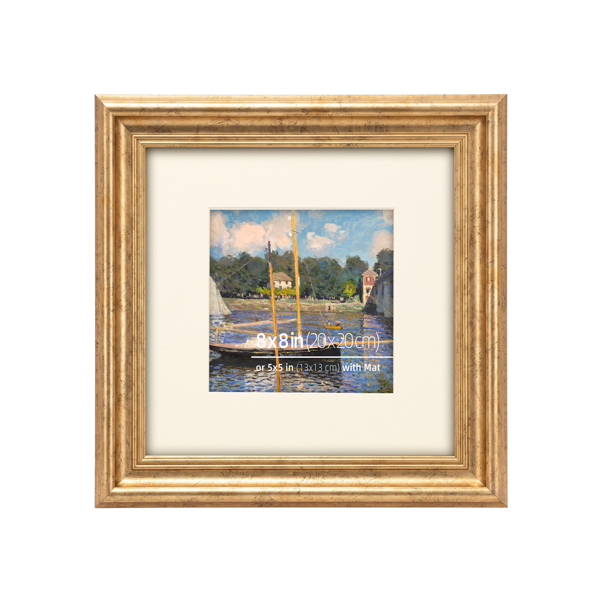 WYNCO 8x8 Distressed Gold Bevel Curved Ornate Classic Picture Frame with Real Glass Protection, Matted for 5x5 Inches Photos