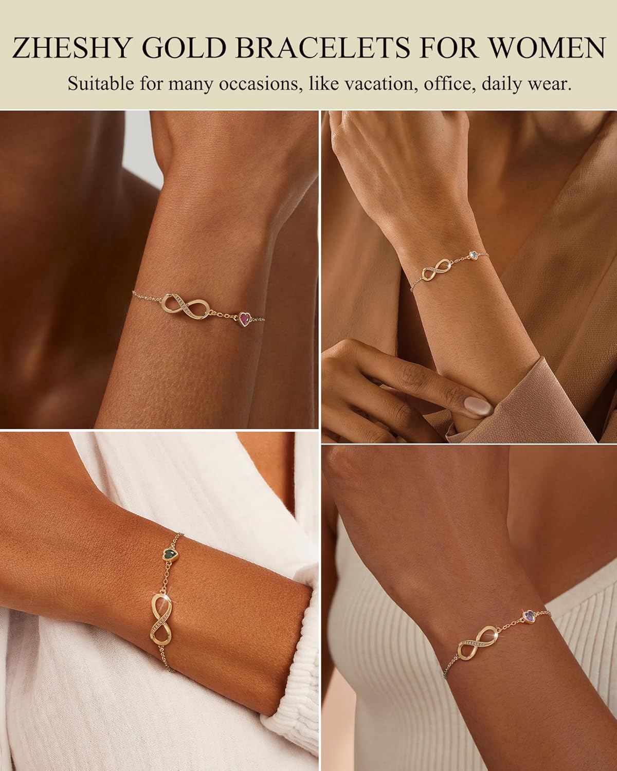 Infinity Birthstone Bracelets for Women Gold Charm Bracelets Non Tarnish Dainty 14K Gold Plated Heart Love Bracelets Birthday Jewelry Valentine's Day Gifts for Anniversary Wife Girlfriend Her - Image 5