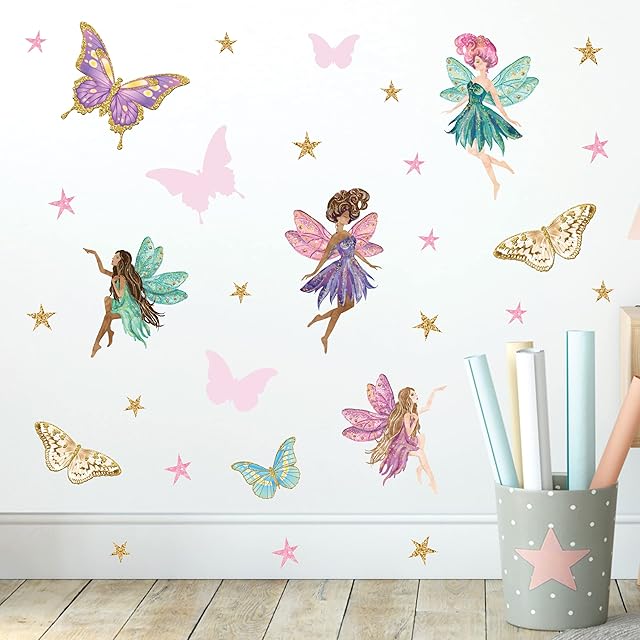 Get Sticking Decor Fairy Wall Stickers Collection, Removable Repositionable Peel an Stick Decals, Nursery Playroom Bedroom Decorations for Boys an Girls Main Color Purple Pink, Fary7. (Large)