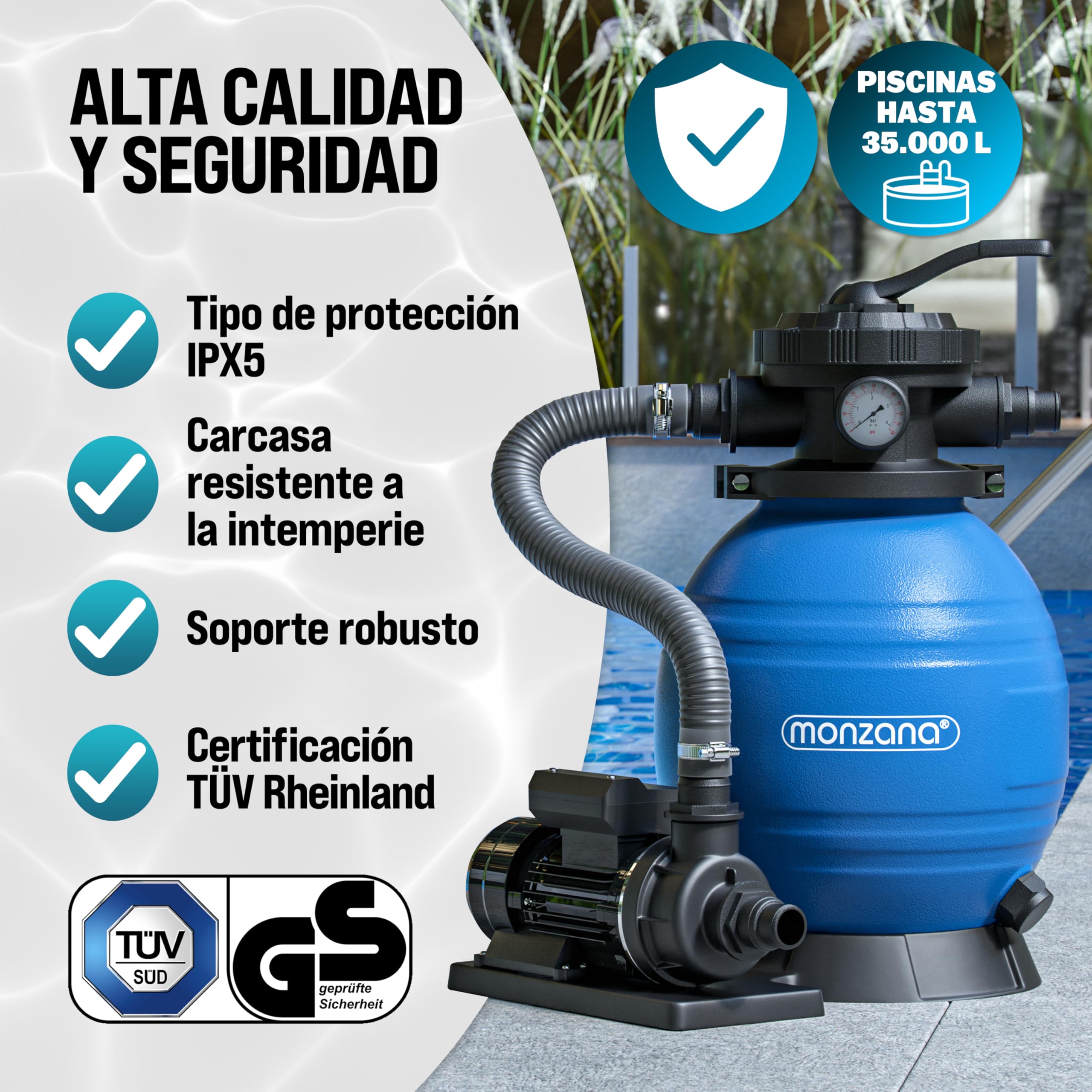 MONZANA® Depuradora Piscina 10.200L/h Filtro de Arena hasta 35.000L incl. Vidrio Filtrante Válvula 7 Funciones Filtrado 450W Adaptador Ø32-38mm Bomba Indicador de Presión