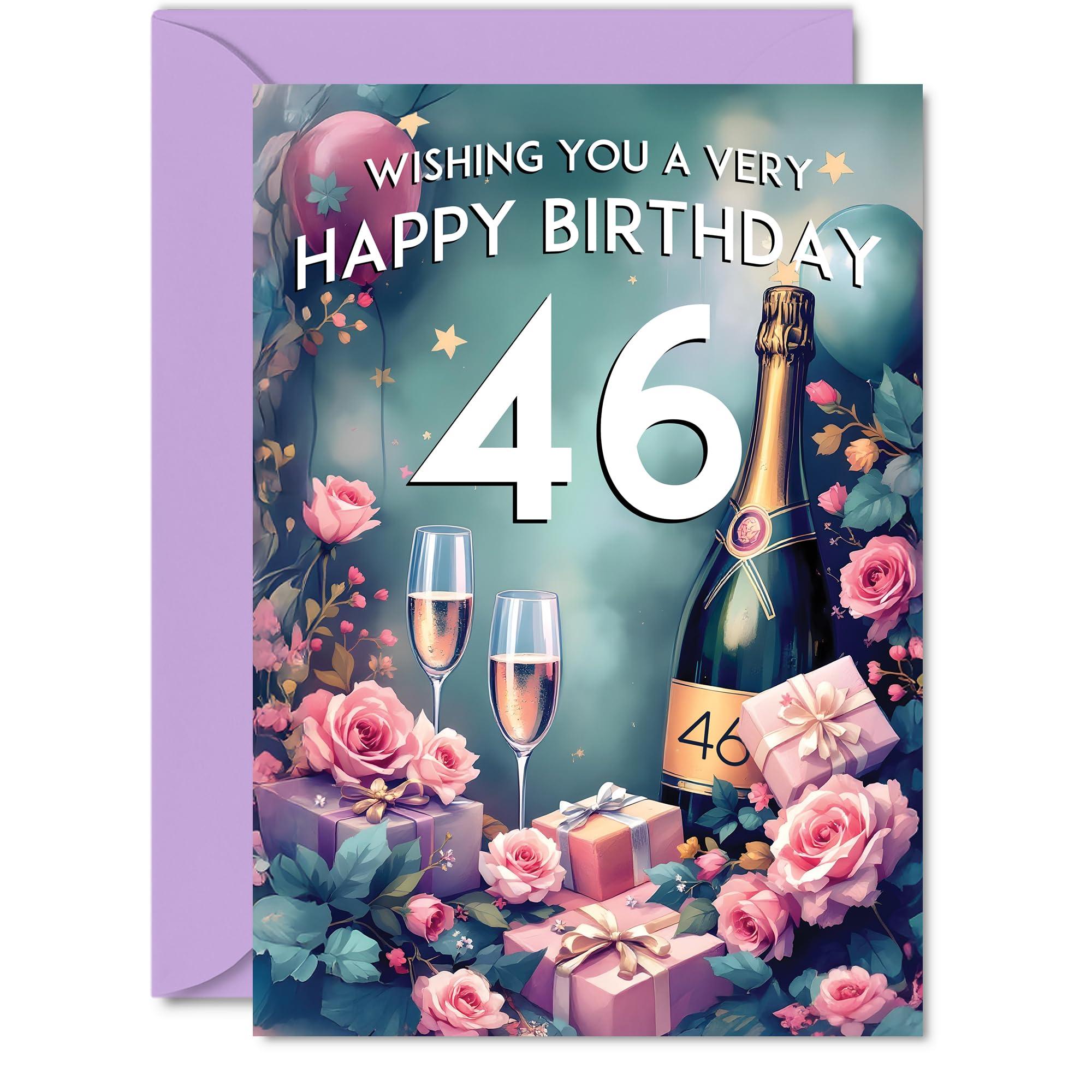 46th Birthday Card, Pink Presents Champagne Bottle