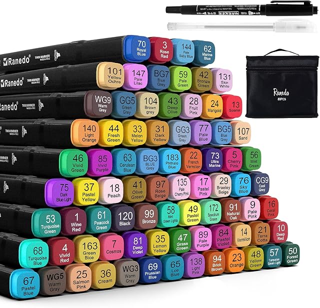 Ranedo Alcohol Markers, 80 Colouring Pens, Professional Dual Tip Permanent Art Marker Pens, Alcohol Based Markers with 2 Bonus Pens and Carrying Case for Kids, Adults Painting Coloring Sketching