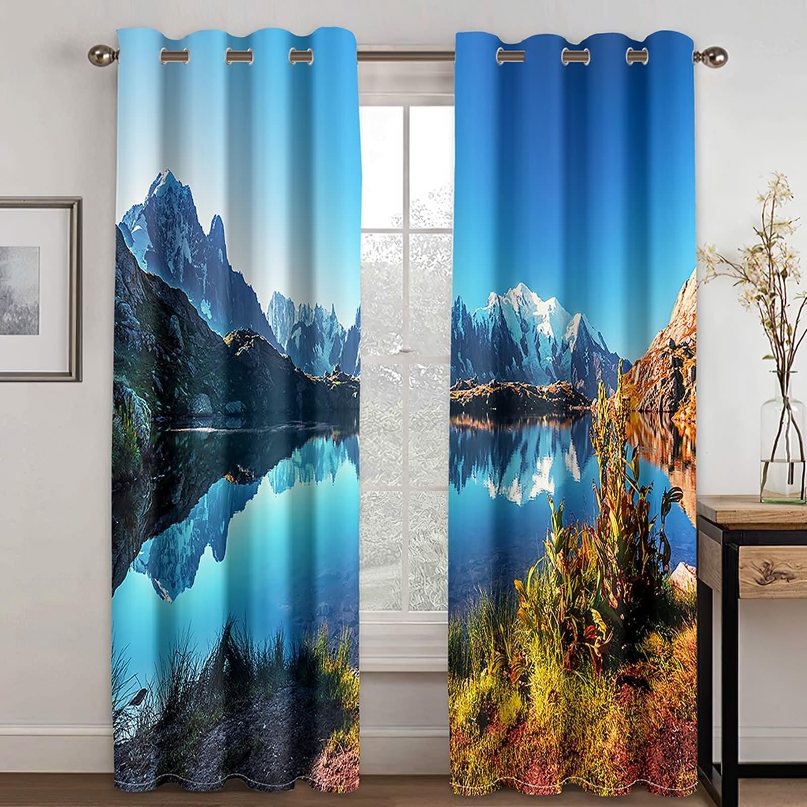 Rideau Occultant Fenetre Cuisine, Rideau Bleu Paysage du Lac Snow Mountain Polyester Lot de 2 204x138cm