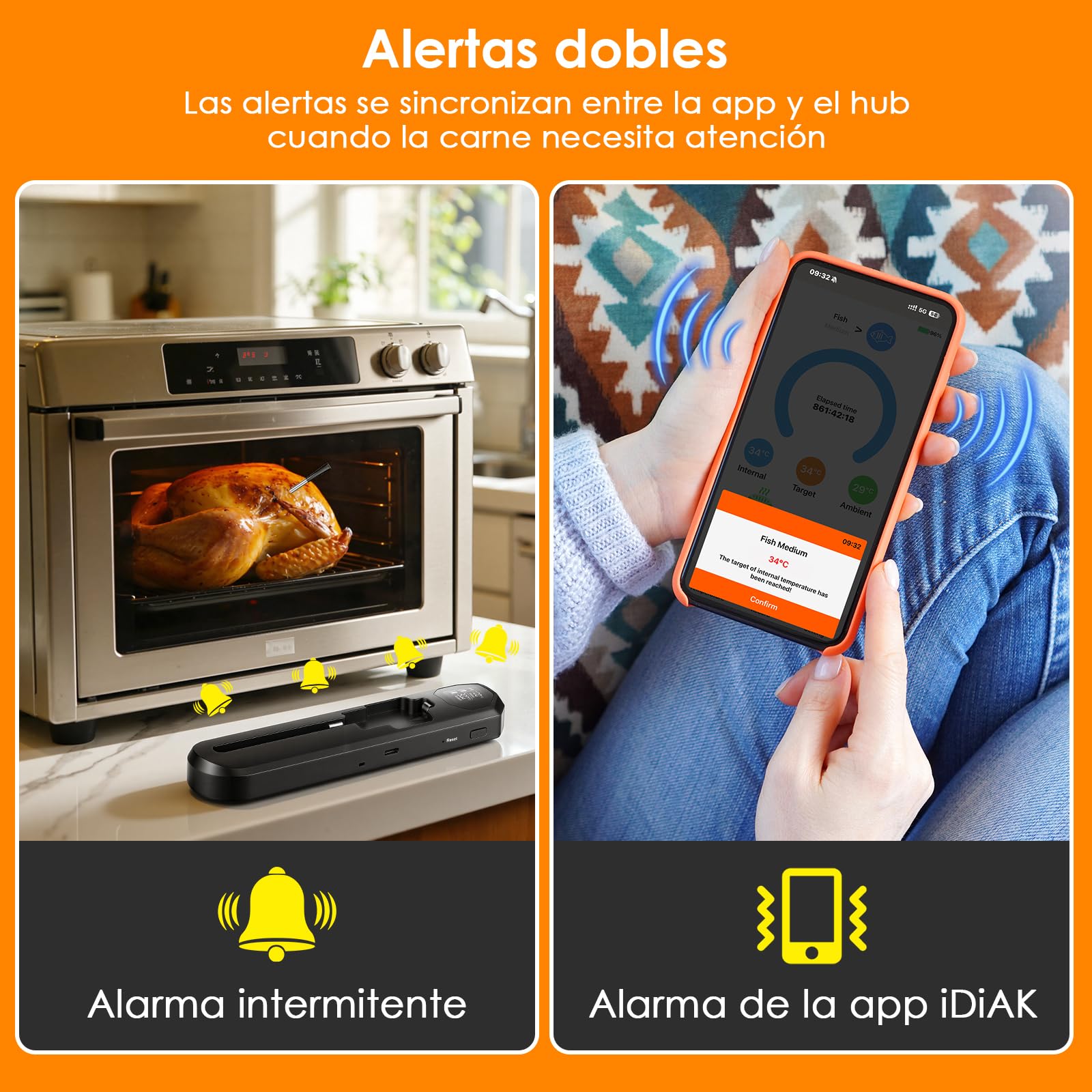 Dreamhigh® Termometro Digital Cocina con Bluetooth, 2 Sondas, IP67 Impermeable​, 0-300°C, Termometro Carne para BBQ, Grill, Cocina, Asador