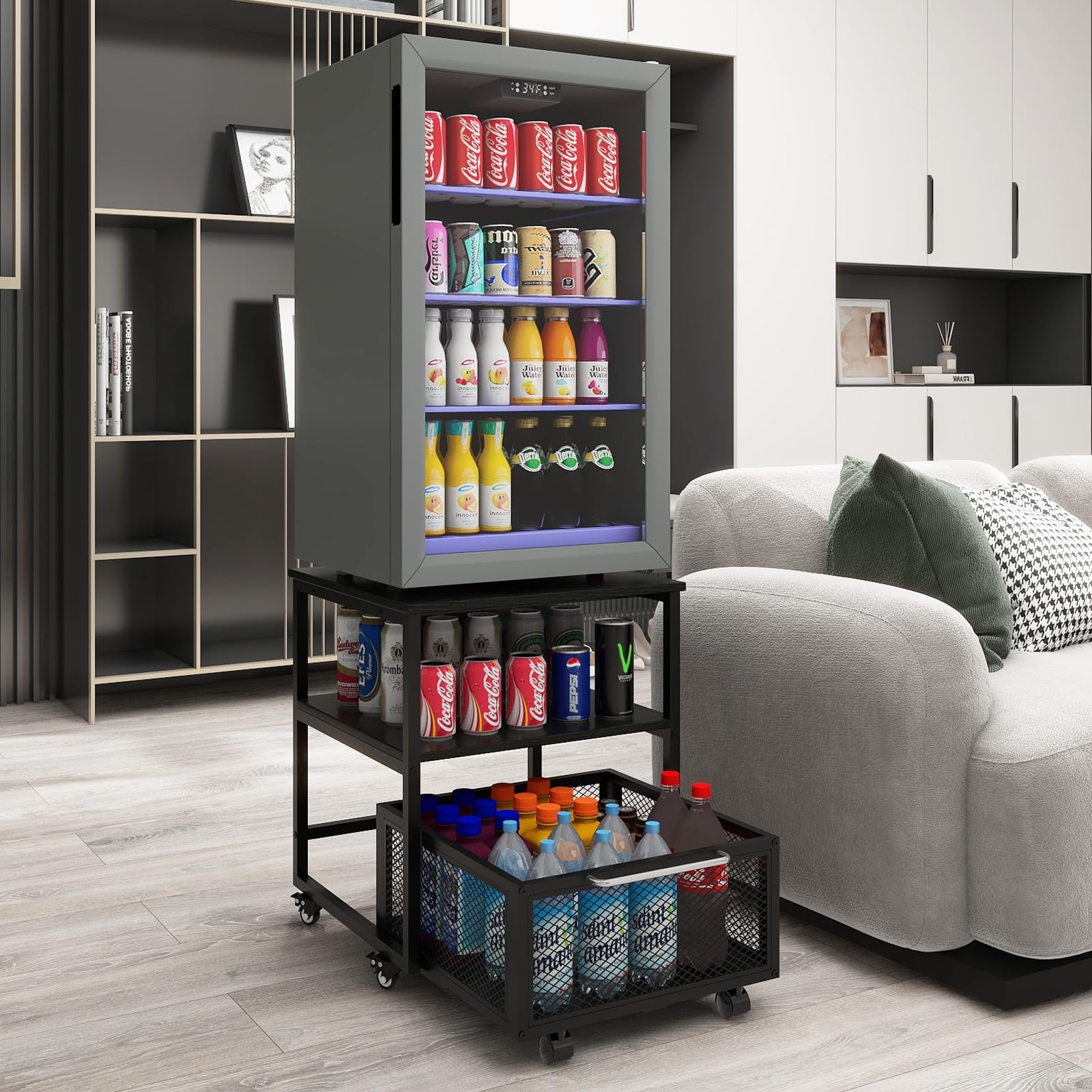 PUNCIA Mini soporte para nevera de 50 x 50 cm con almacenamiento y ruedas, resistente con 4 ruedas bloqueables, soporte para refrigerador, mesa para café, bar, nevera, coche, oficina, hogar,